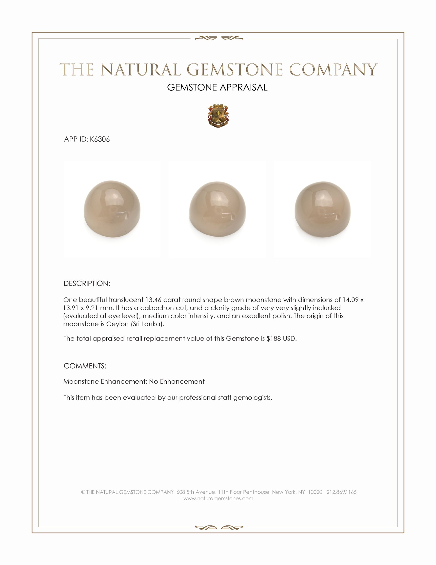 13.46 Ct. Brown Cabochon Moonstone from Ceylon (Sri Lanka)