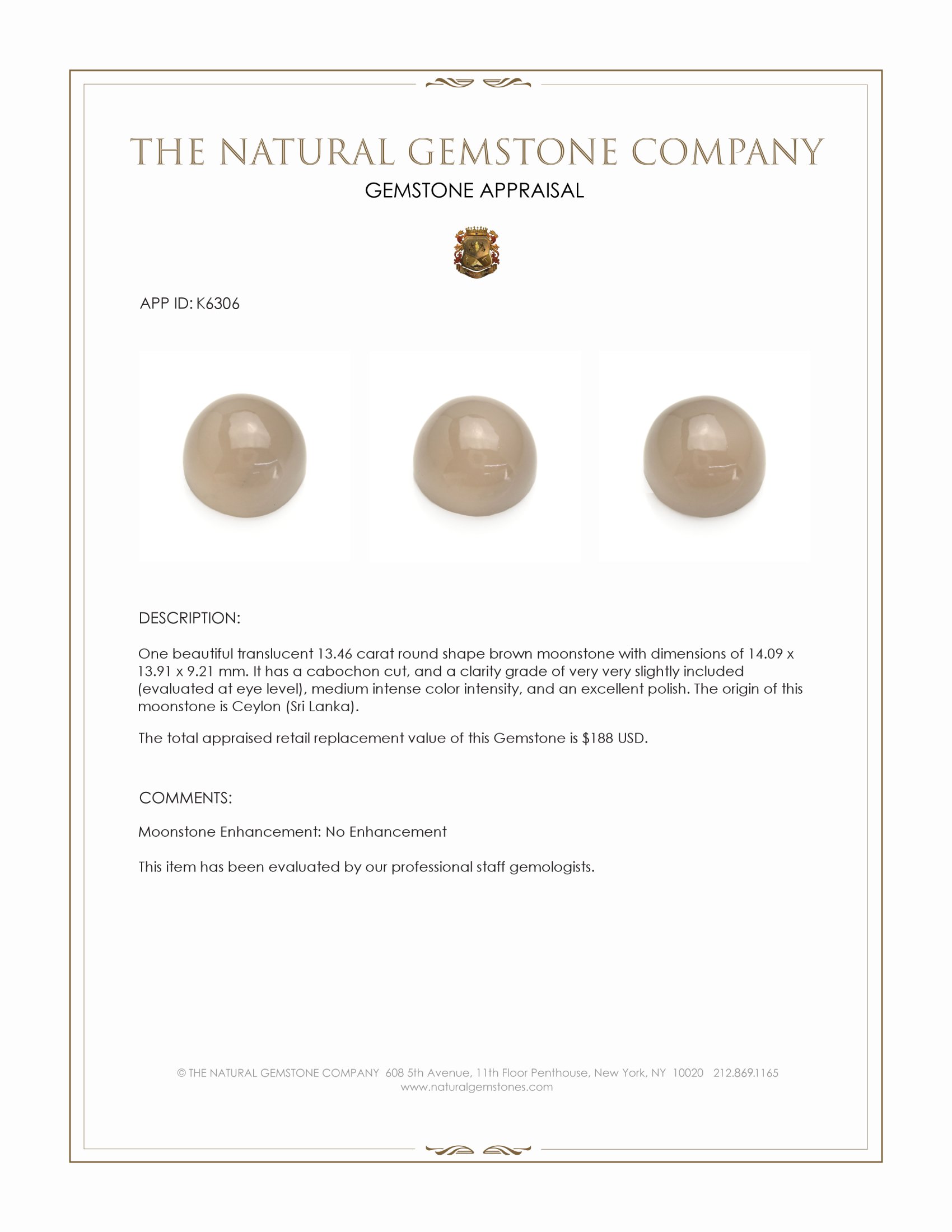 13.46 Ct. Cabochon Moonstone from Ceylon (Sri Lanka)