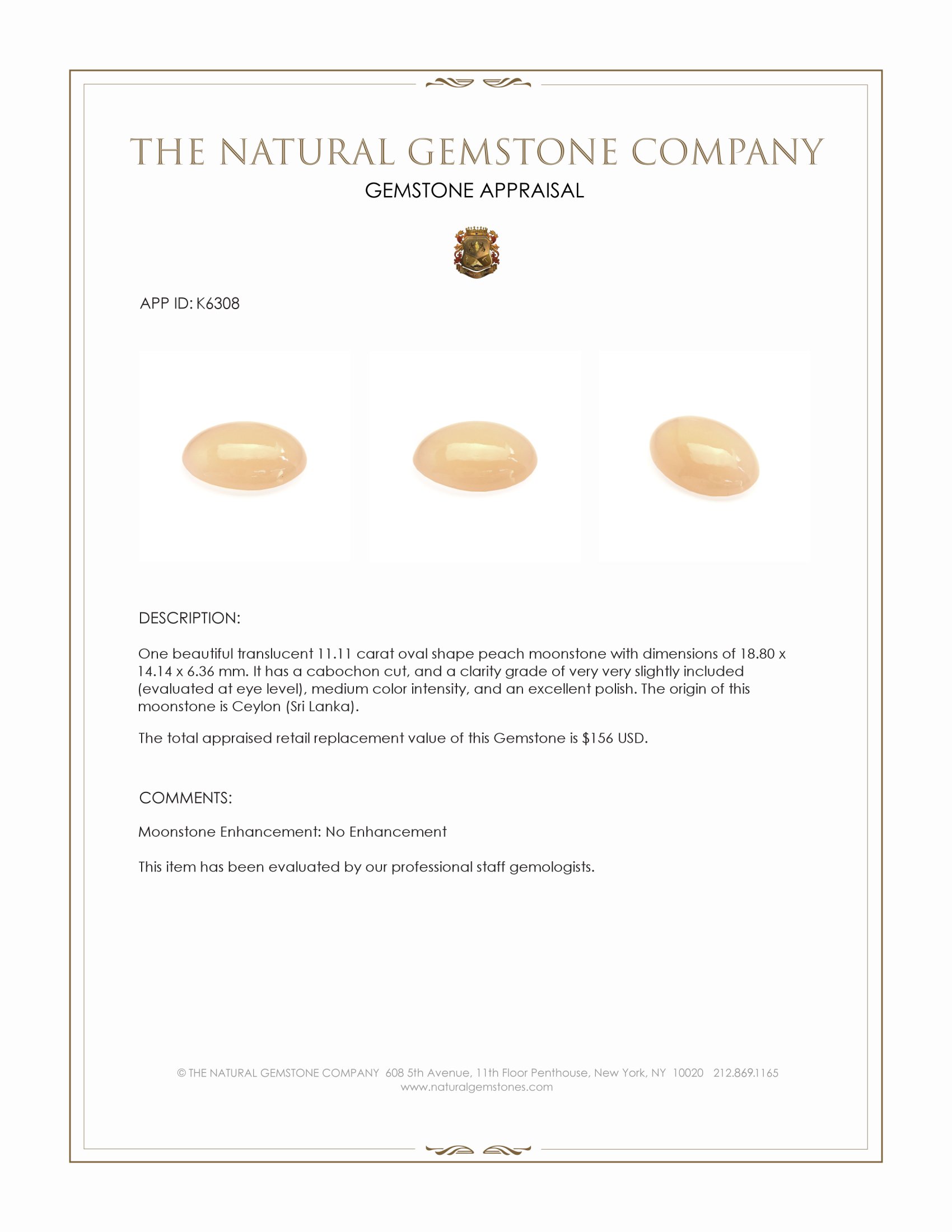 11.11 Ct. Peach Cabochon Moonstone from Ceylon (Sri Lanka)