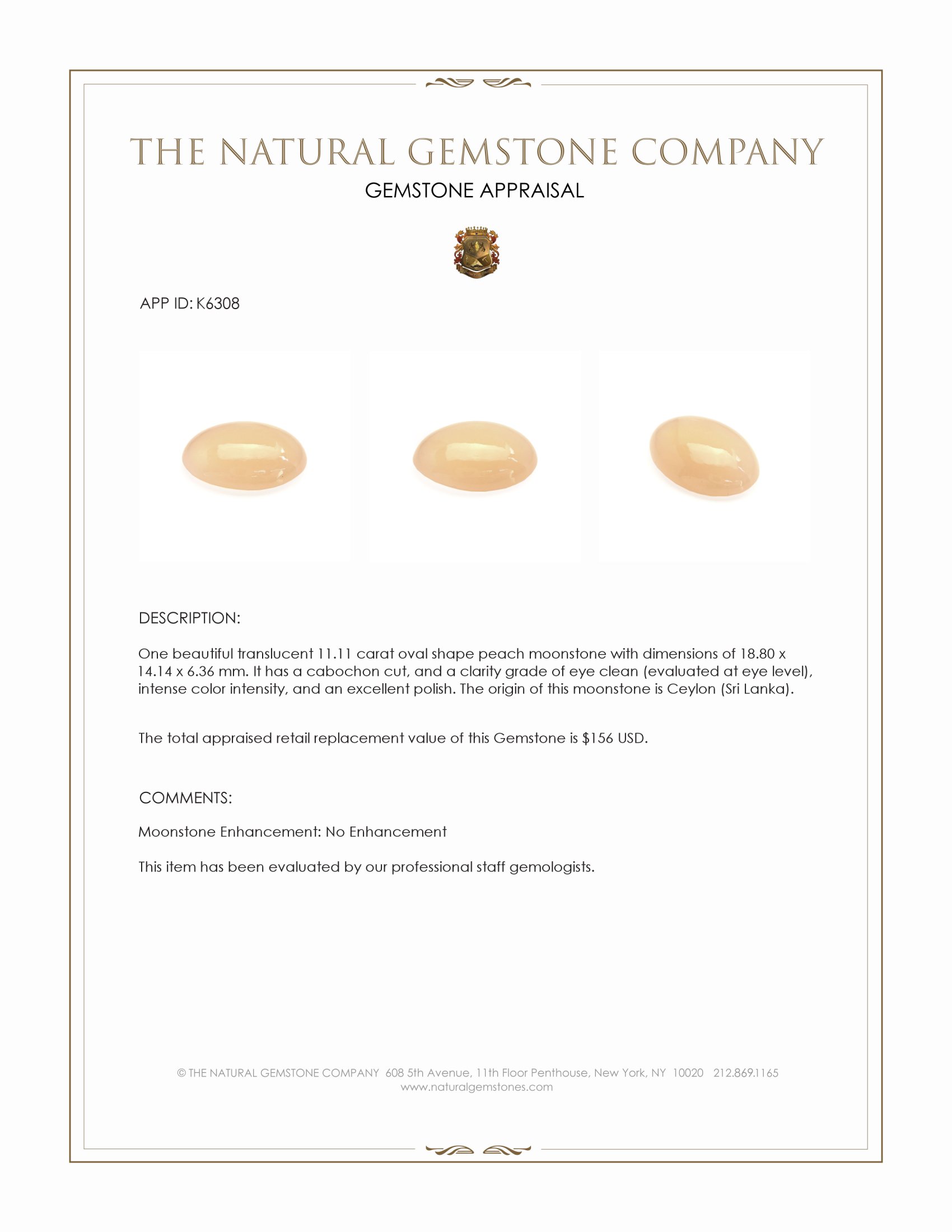 11.11 Ct. Cabochon Moonstone from Ceylon (Sri Lanka)