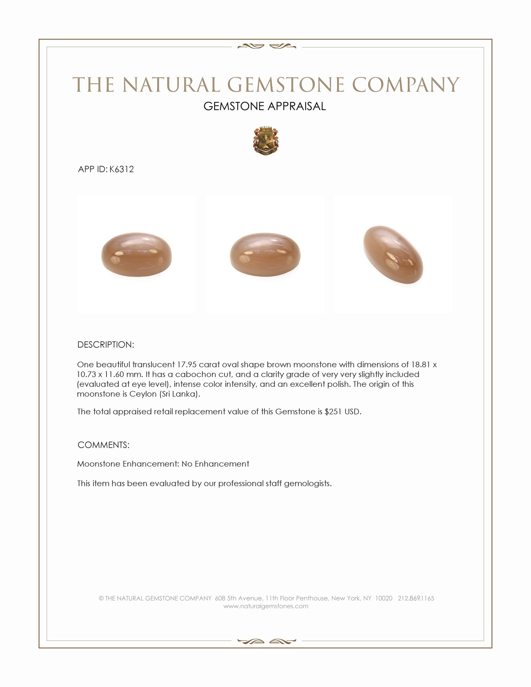 17.95 Ct. Brown Cabochon Moonstone from Ceylon (Sri Lanka)