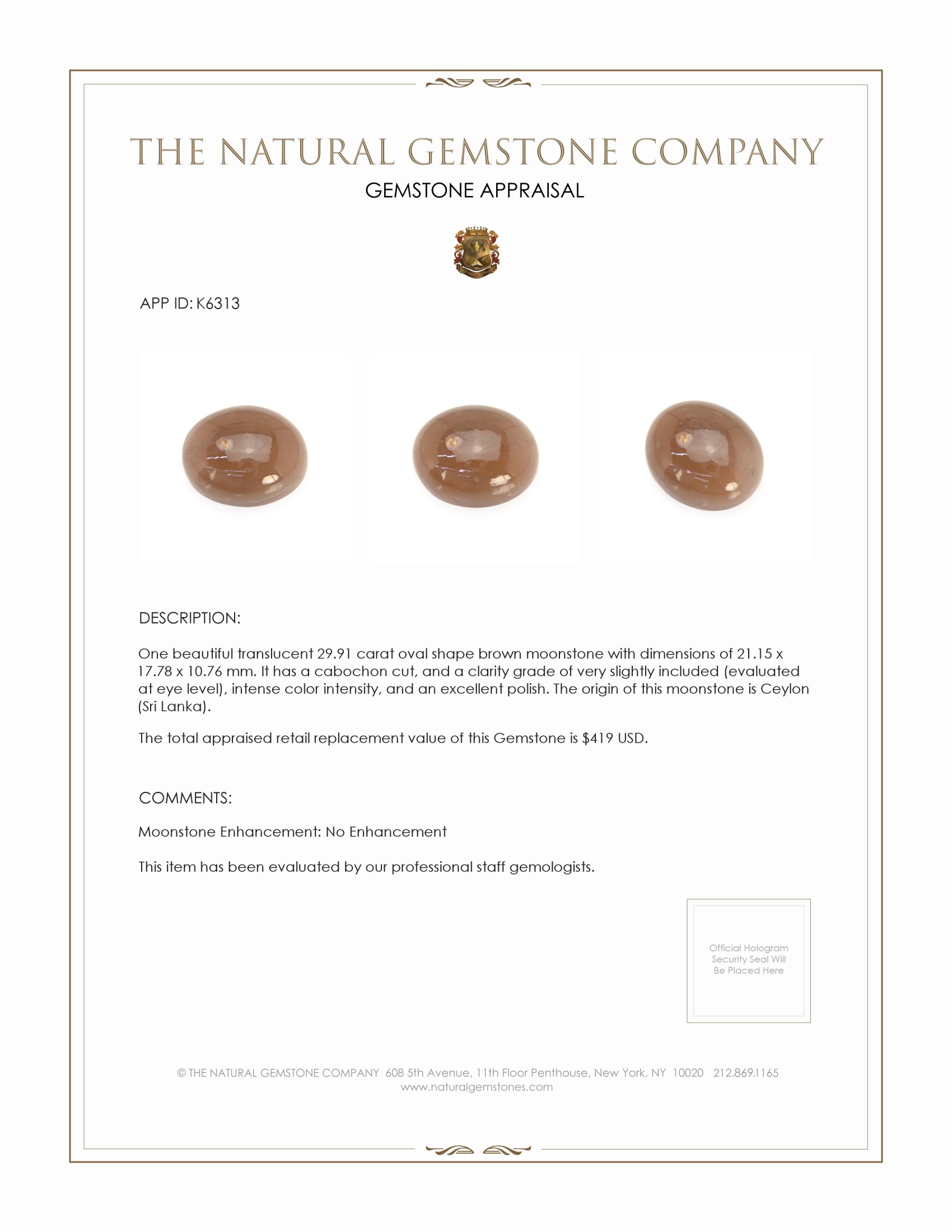 29.91 Ct. Brown Cabochon Moonstone from Ceylon (Sri Lanka)