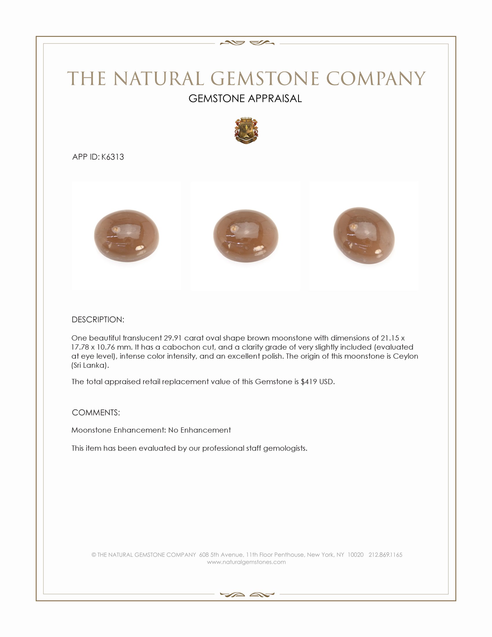 29.91 Ct. Cabochon Moonstone from Ceylon (Sri Lanka)