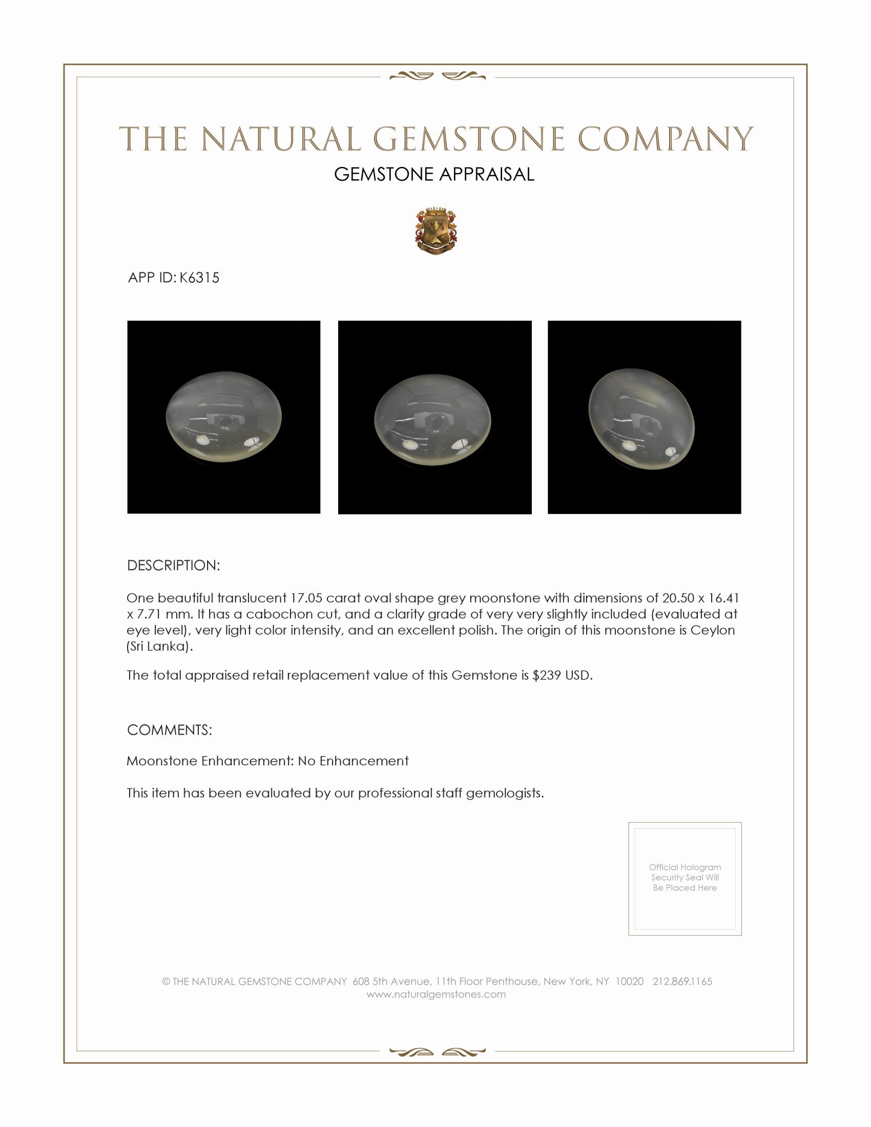 17.05 Ct. Grey Cabochon Moonstone from Ceylon (Sri Lanka)