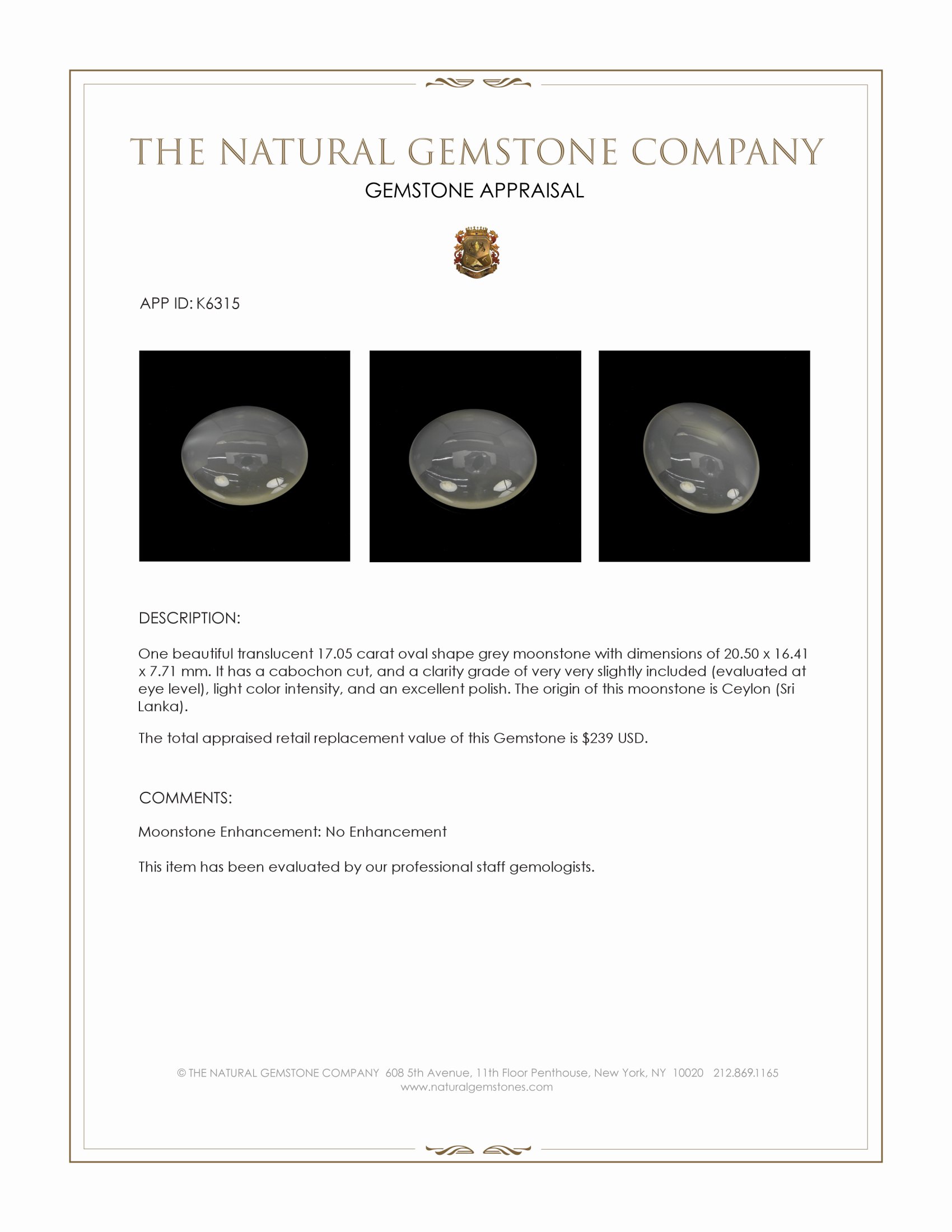 17.05 Ct. Cabochon Moonstone from Ceylon (Sri Lanka)