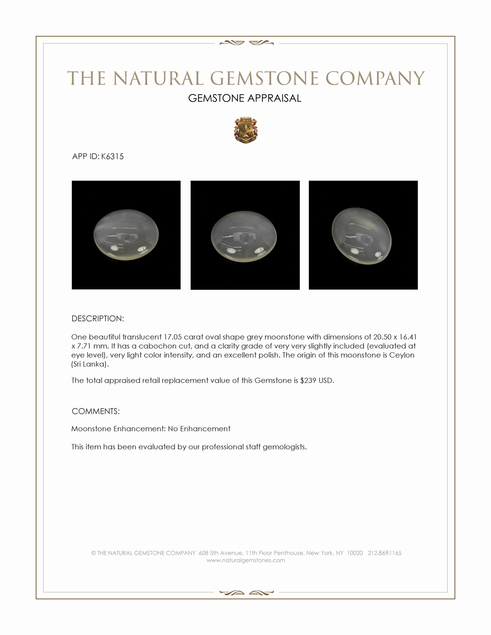 17.05 Ct. Cabochon Moonstone from Ceylon (Sri Lanka)