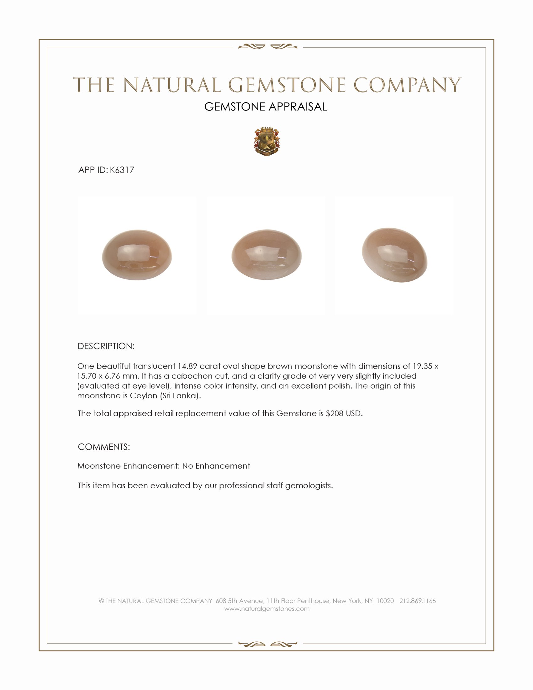 14.89 Ct. Brown Cabochon Moonstone from Ceylon (Sri Lanka)