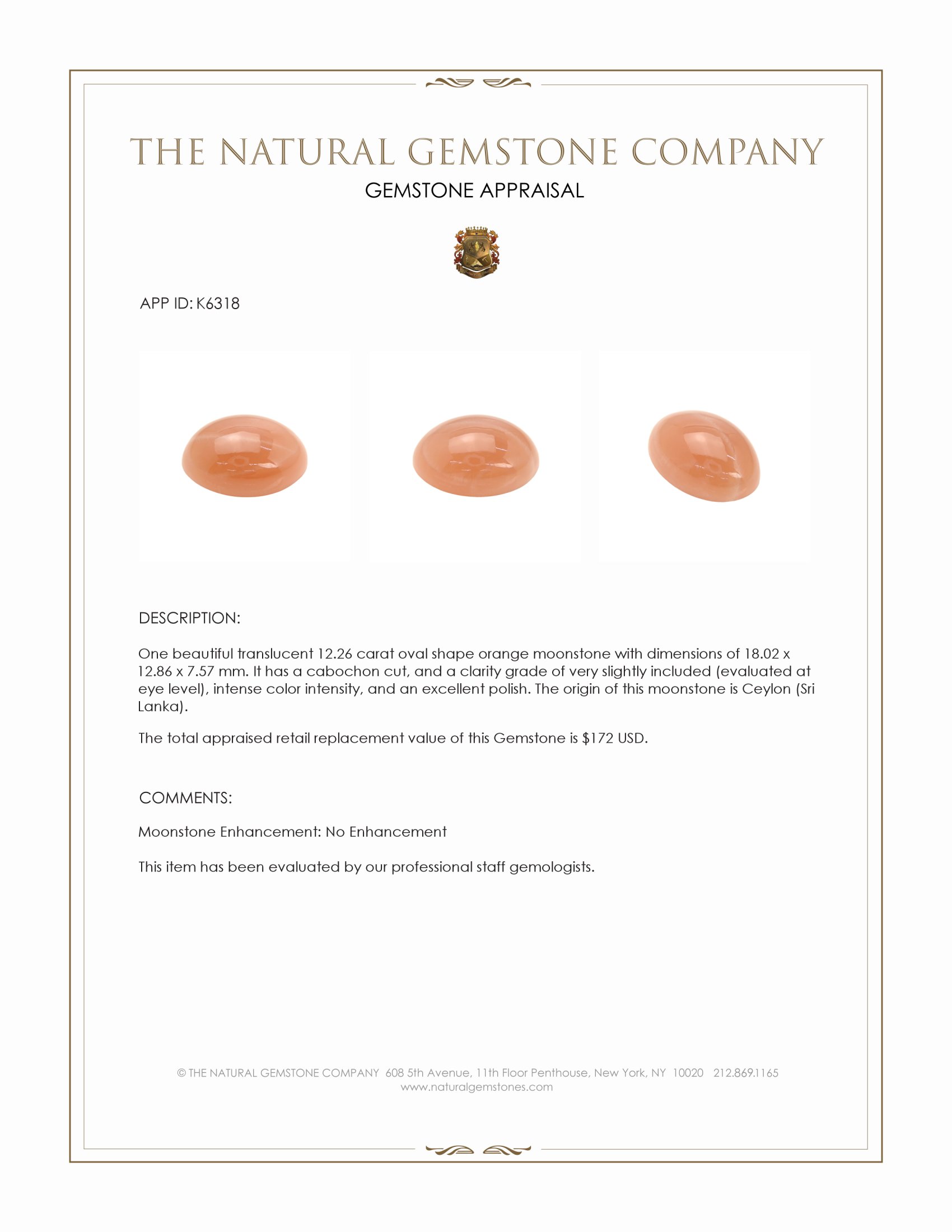 12.26 Ct. Orange Cabochon Moonstone from Ceylon (Sri Lanka)