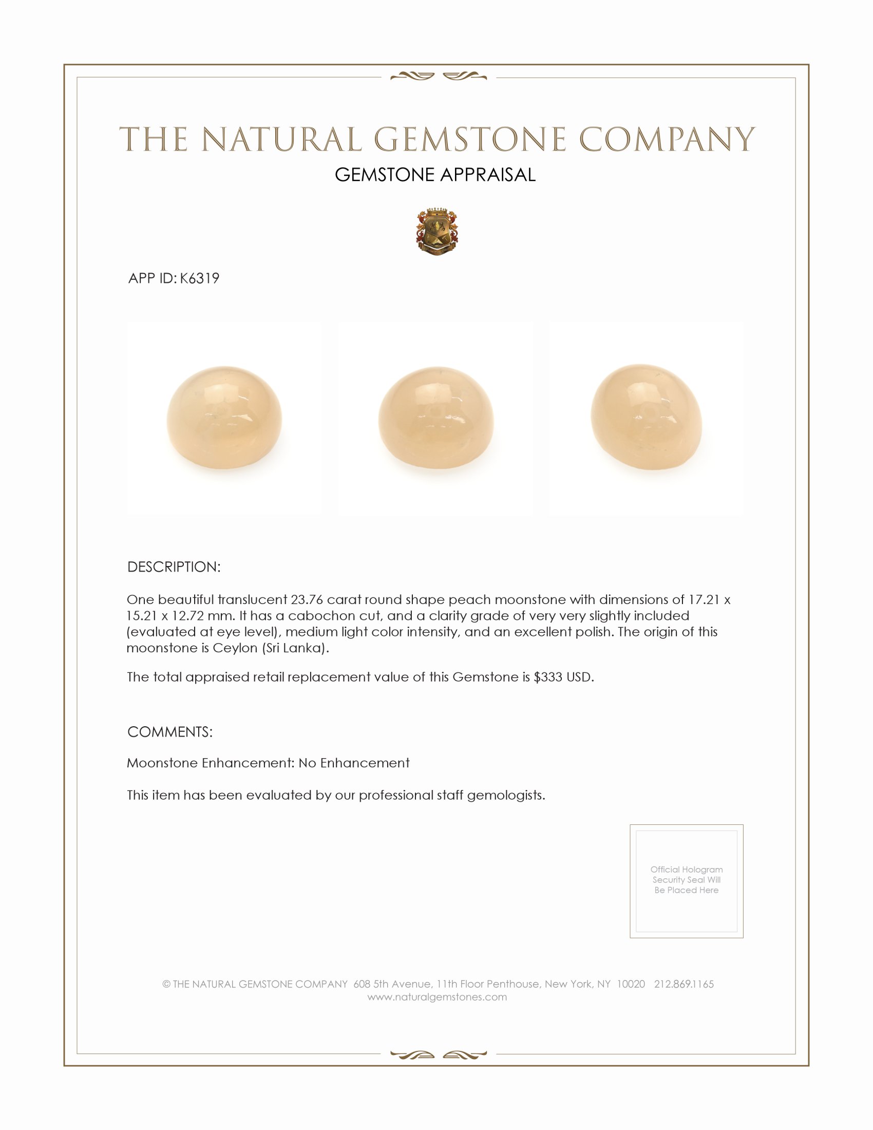 23.76 Ct. Peach Cabochon Moonstone from Ceylon (Sri Lanka)