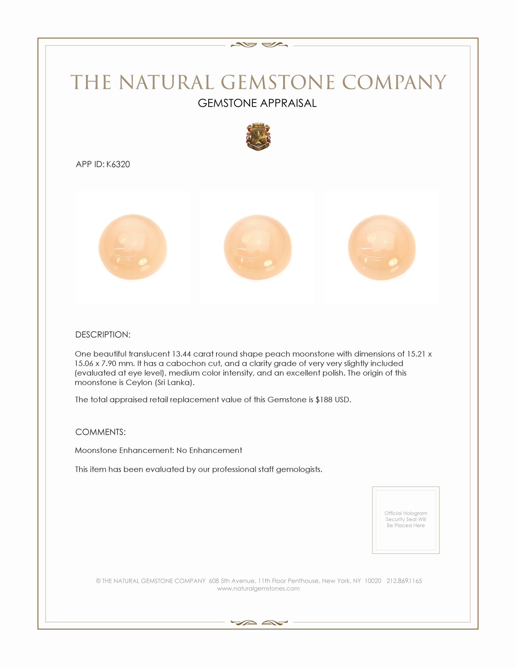 13.44 Ct. Peach Cabochon Moonstone from Ceylon (Sri Lanka)