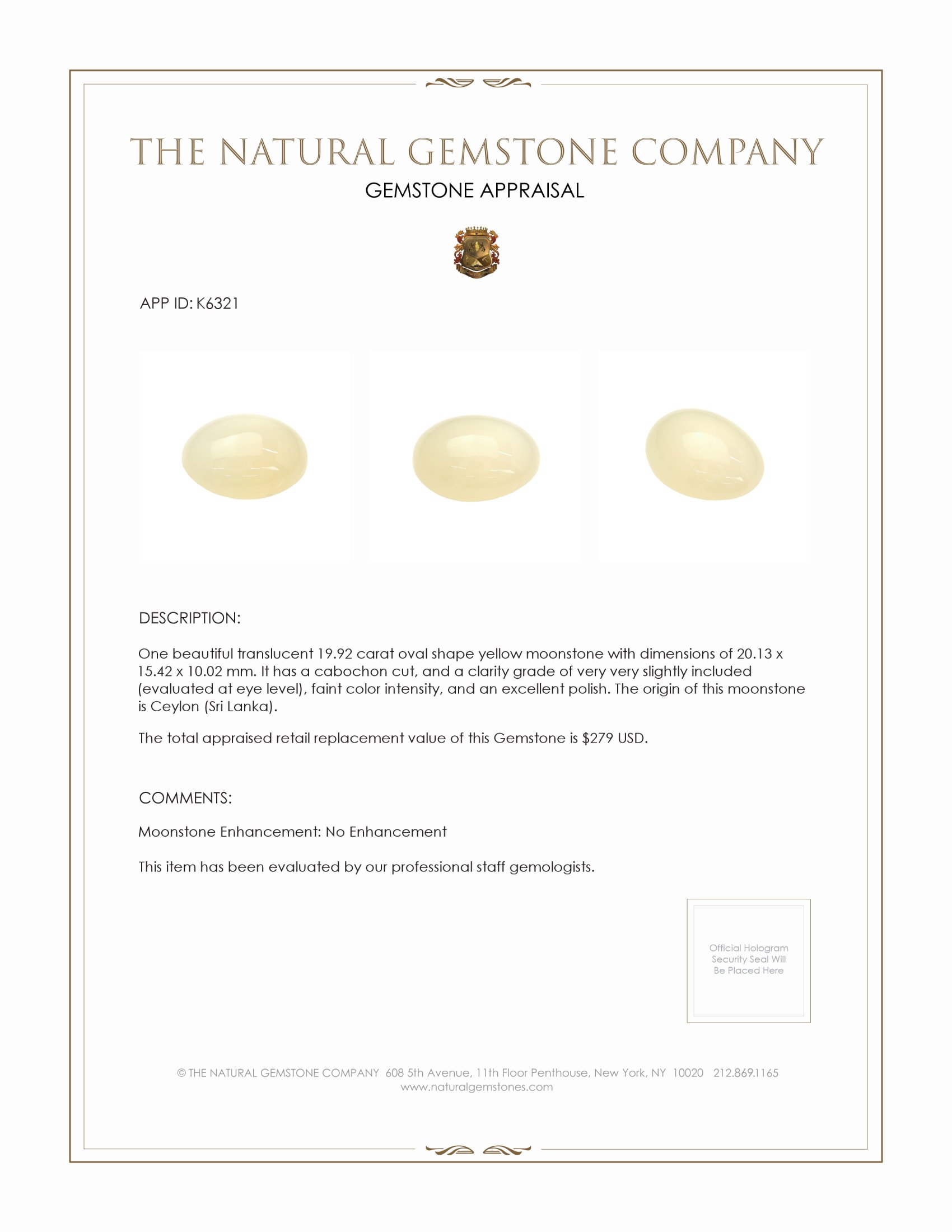 19.92 Ct. Yellow Cabochon Moonstone from Ceylon (Sri Lanka)