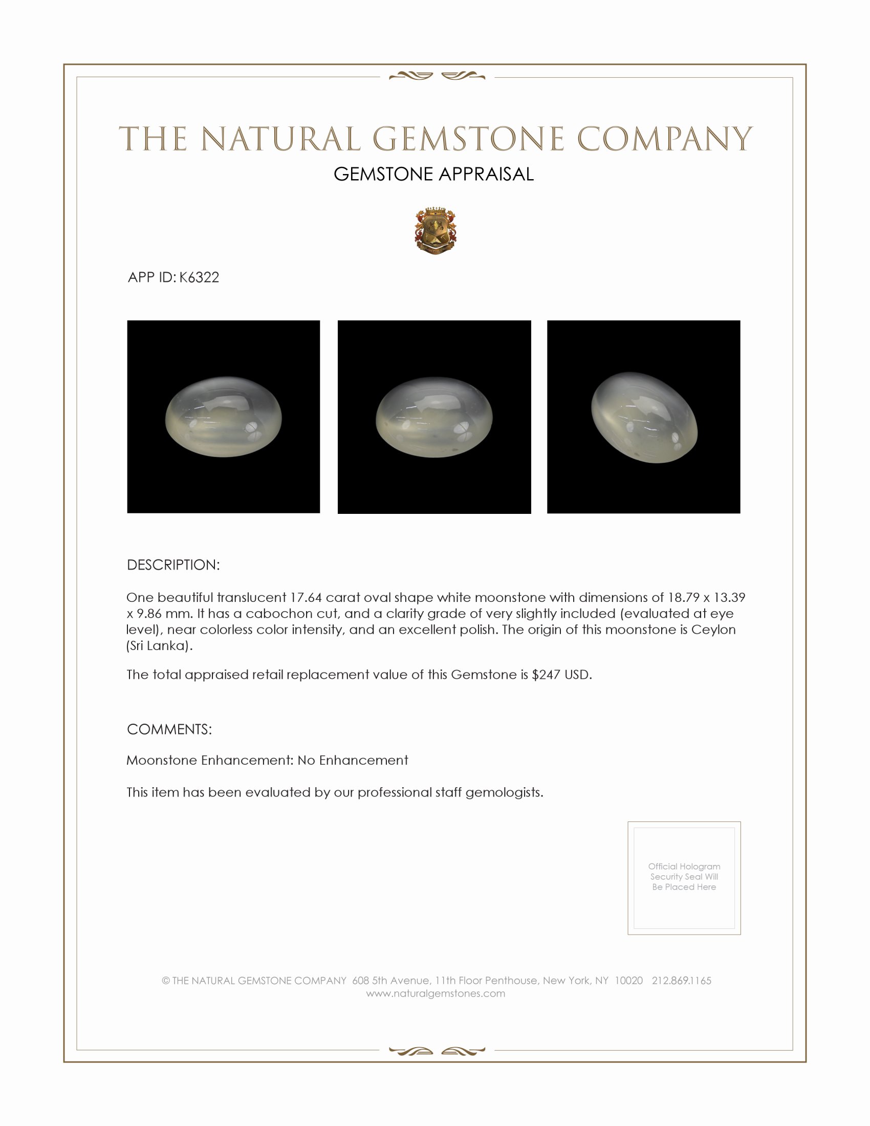 17.64 Ct. White Cabochon Moonstone from Ceylon (Sri Lanka)