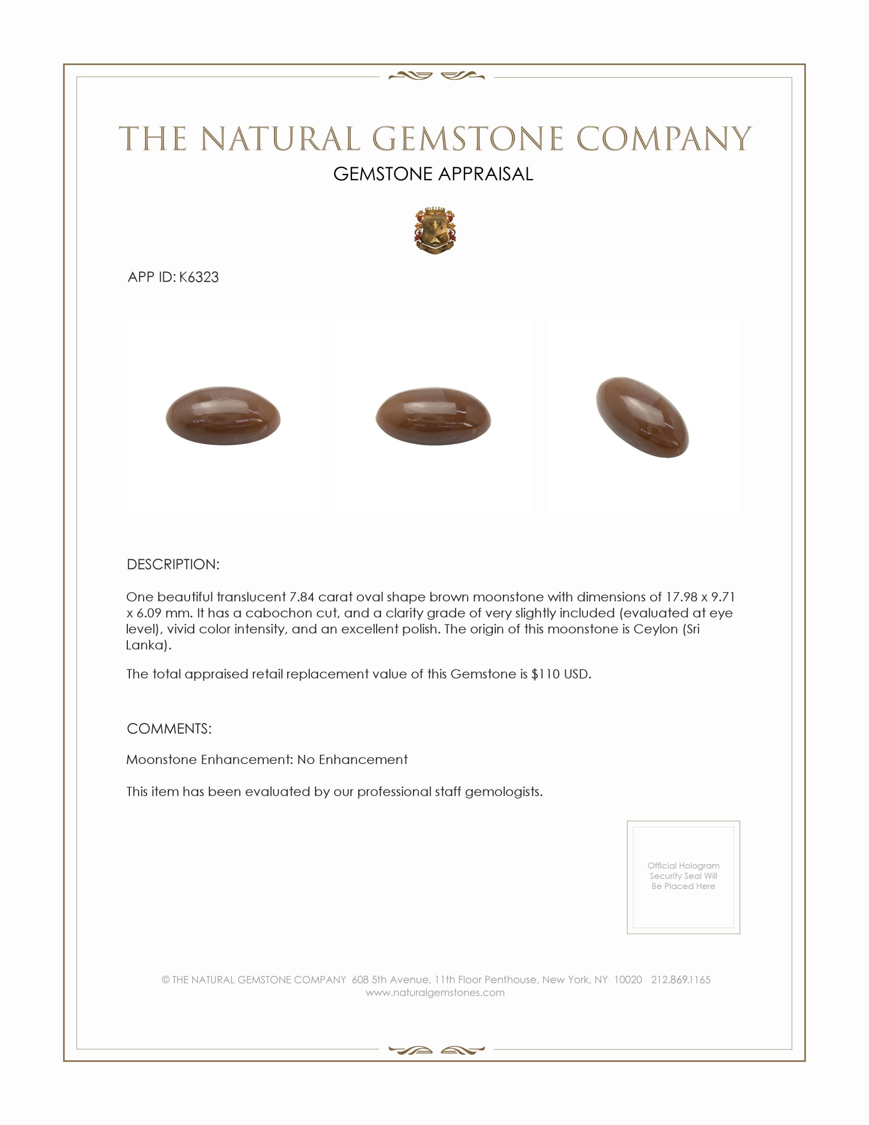 7.84 Ct. Brown Cabochon Moonstone from Ceylon (Sri Lanka)