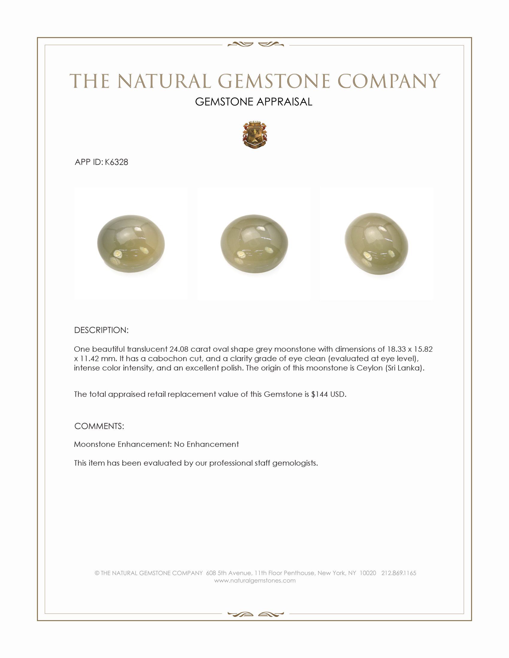 24.08 Ct. Grey Cabochon Moonstone from Ceylon (Sri Lanka)