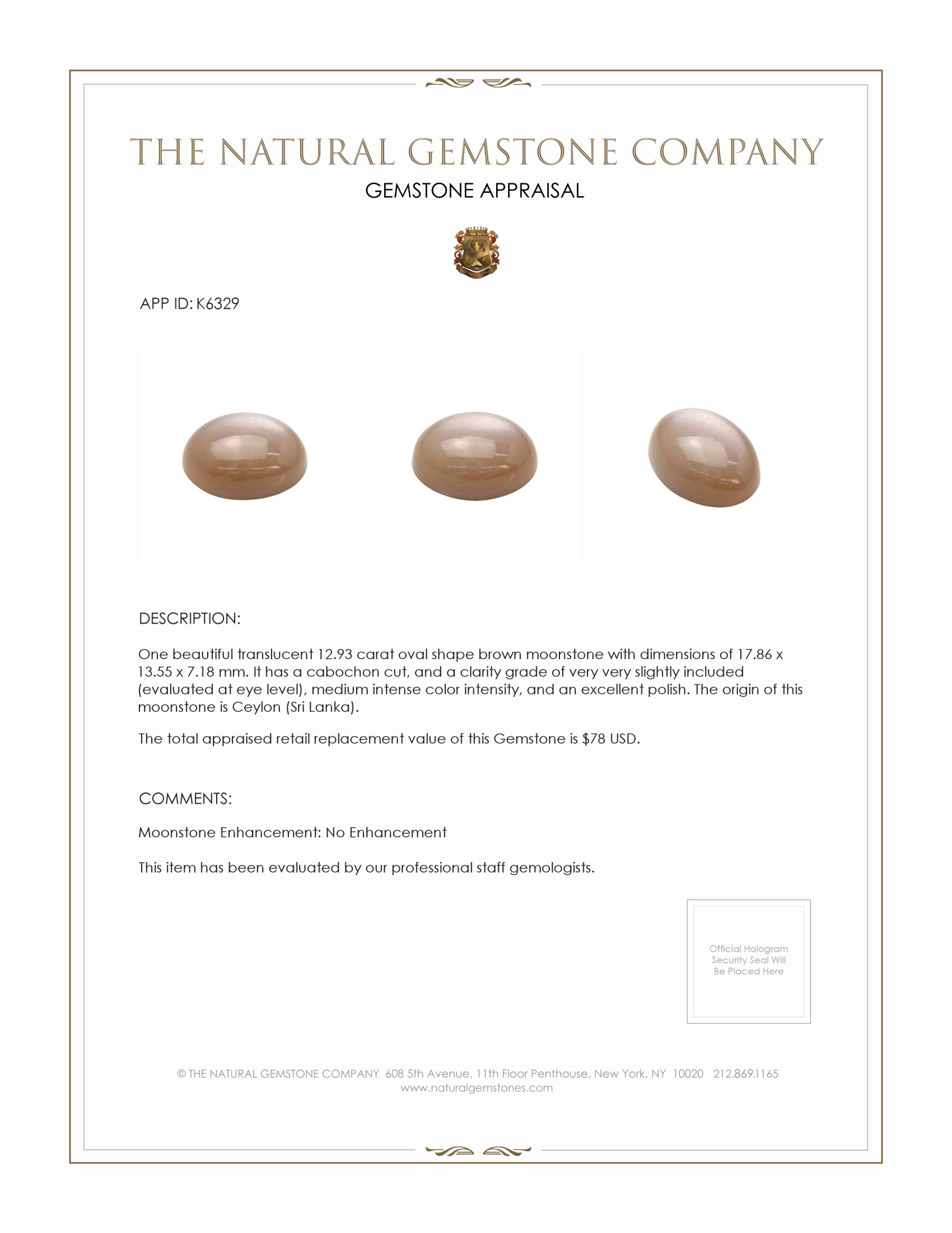 12.93 Ct. Brown Cabochon Moonstone from Ceylon (Sri Lanka)