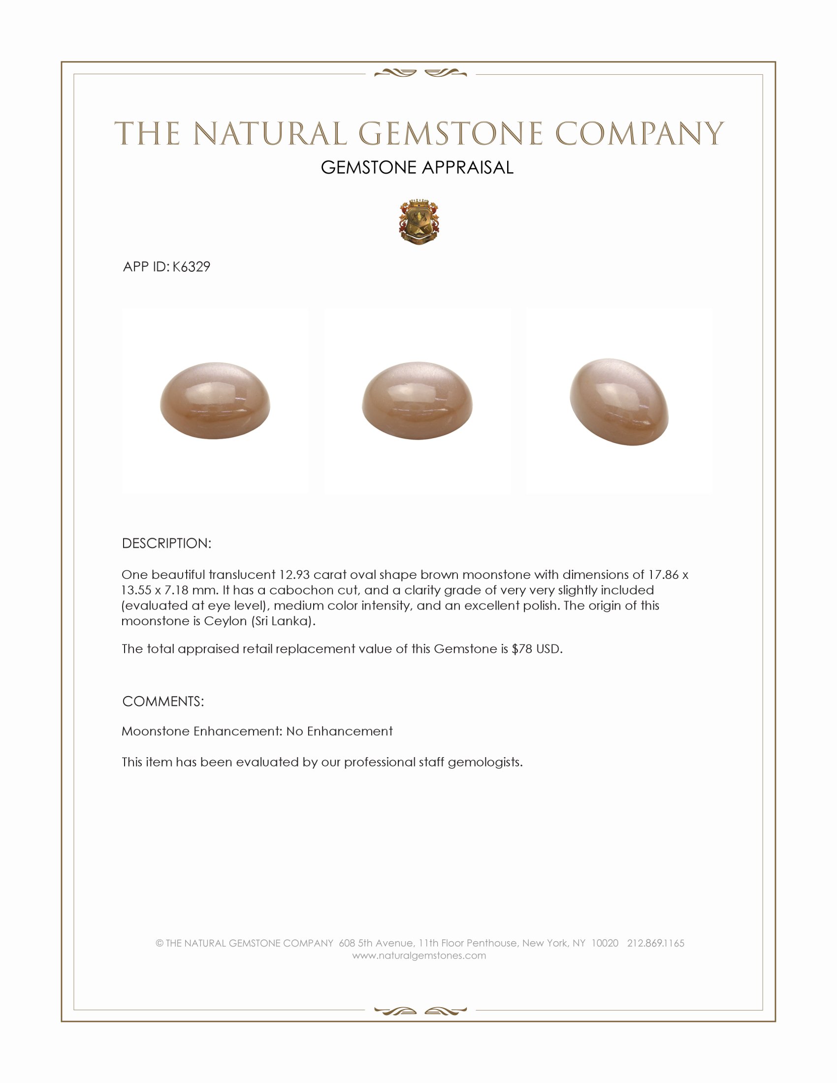 12.93 Ct. Cabochon Moonstone from Ceylon (Sri Lanka)