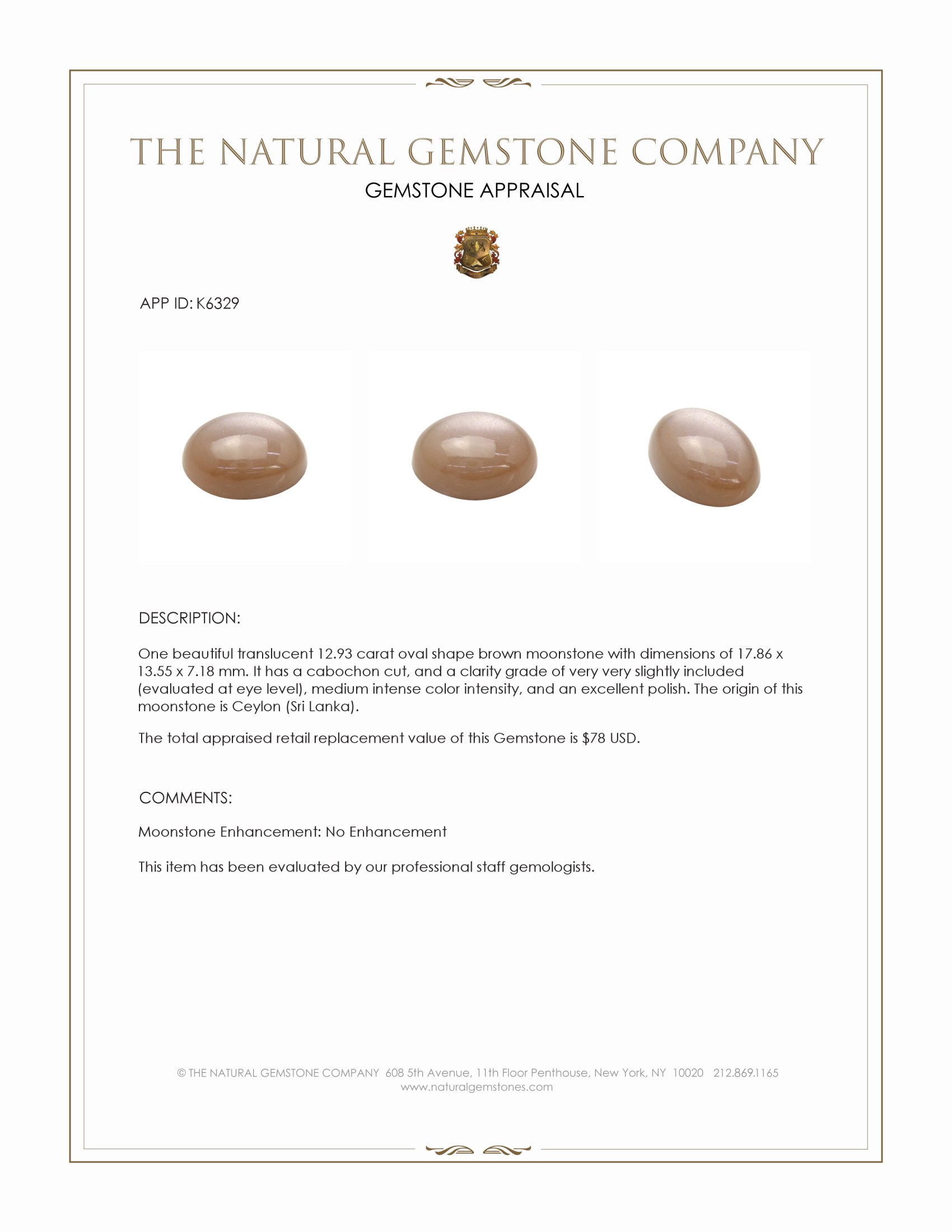 12.93 Ct. Cabochon Moonstone from Ceylon (Sri Lanka)