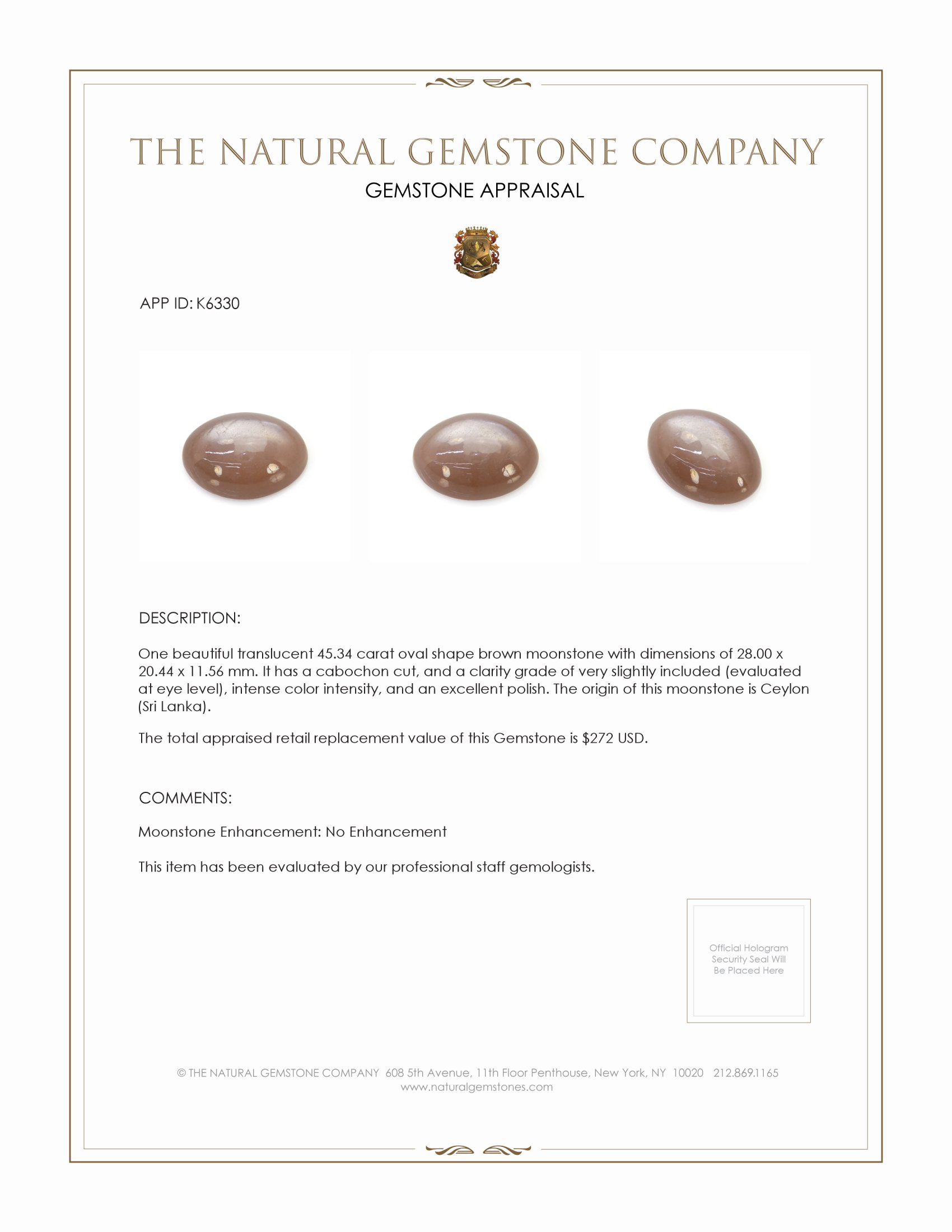 45.34 Ct. Brown Cabochon Moonstone from Ceylon (Sri Lanka)