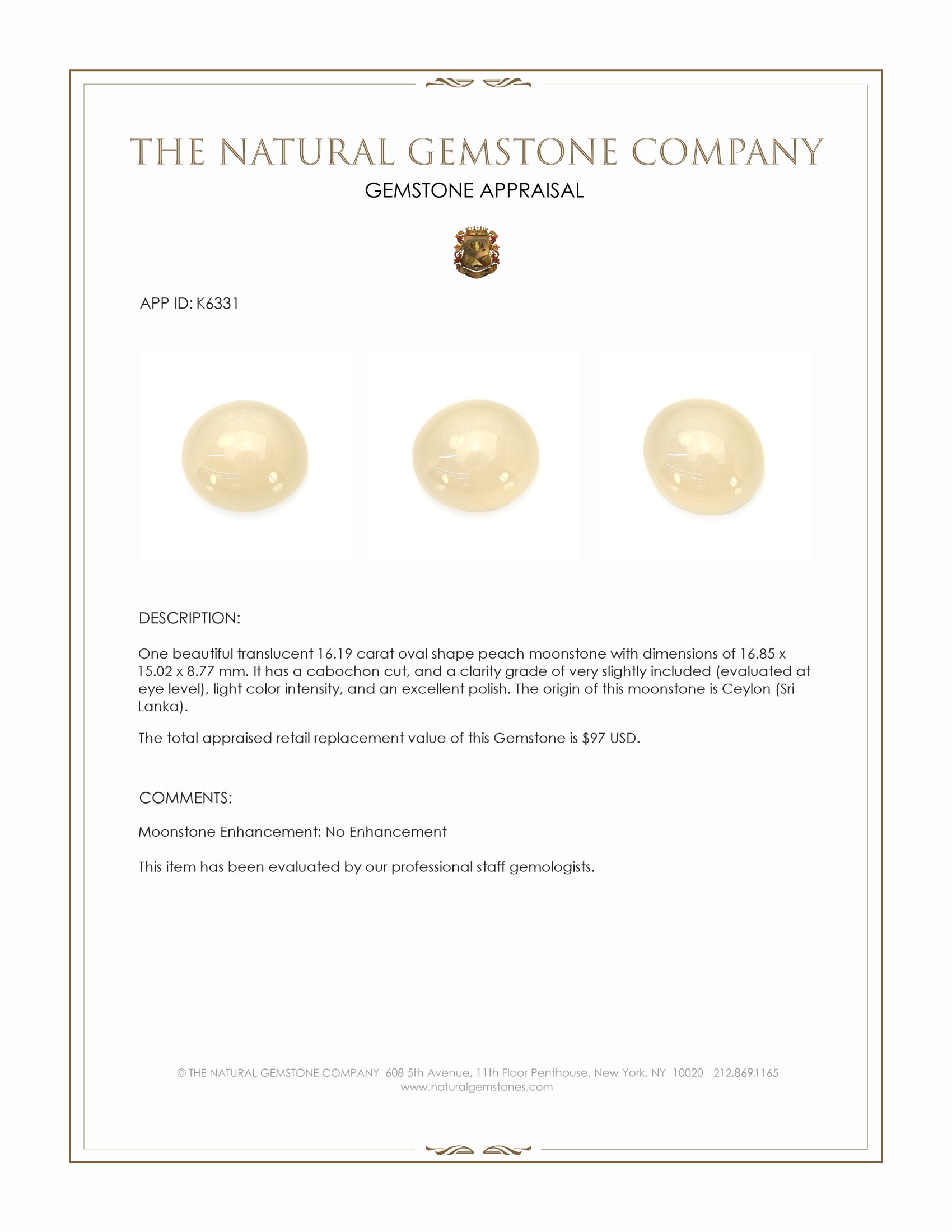 16.19 Ct. Cabochon Moonstone from Ceylon (Sri Lanka)