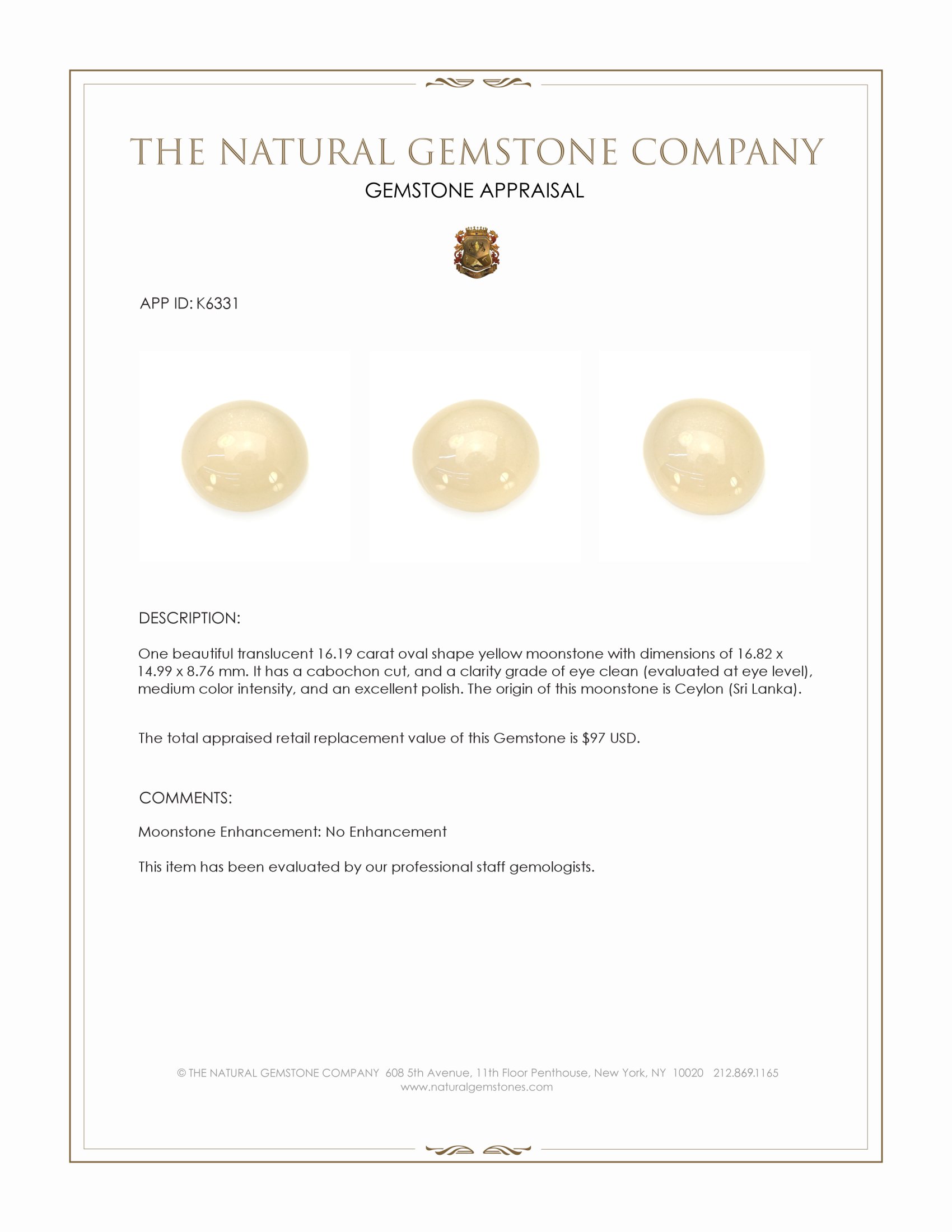 16.19 Ct. Yellow Cabochon Moonstone from Ceylon (Sri Lanka)