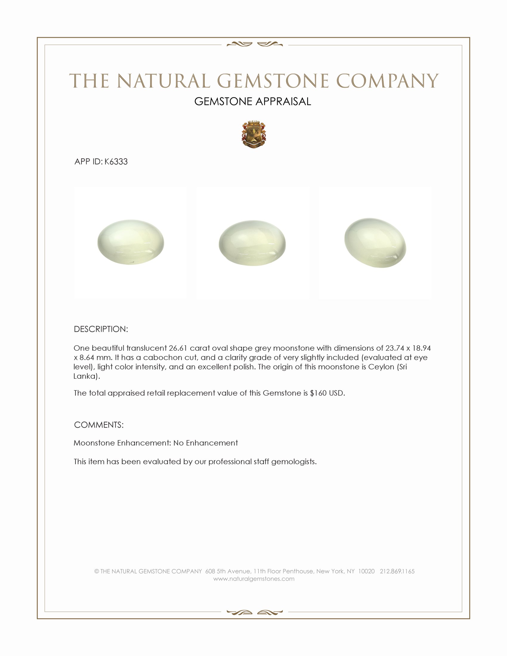 26.61 Ct. Grey Cabochon Moonstone from Ceylon (Sri Lanka)