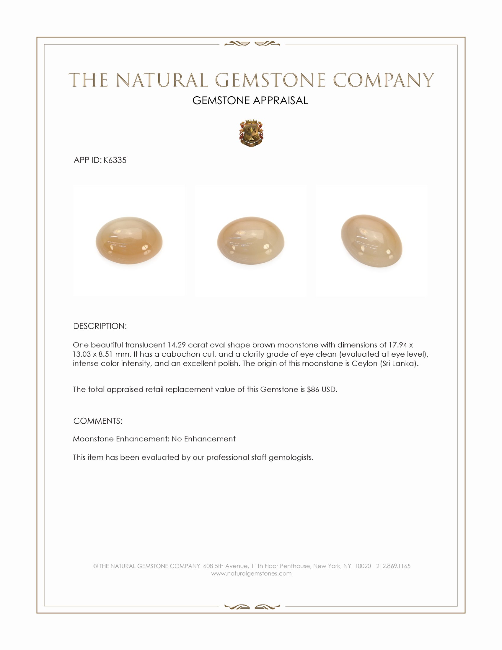 14.29 Ct. Brown Cabochon Moonstone from Ceylon (Sri Lanka)