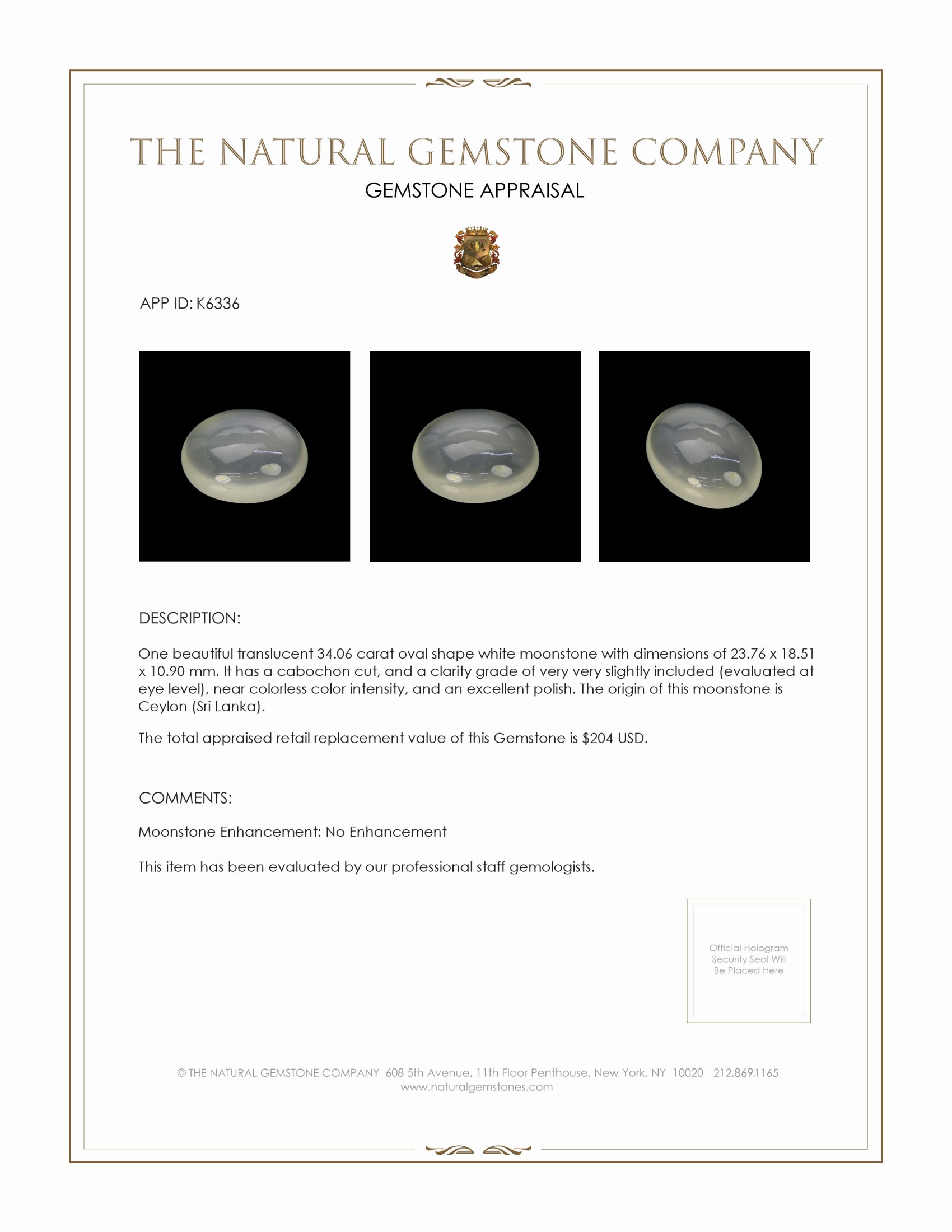 34.06 Ct. Cabochon Moonstone from Ceylon (Sri Lanka)