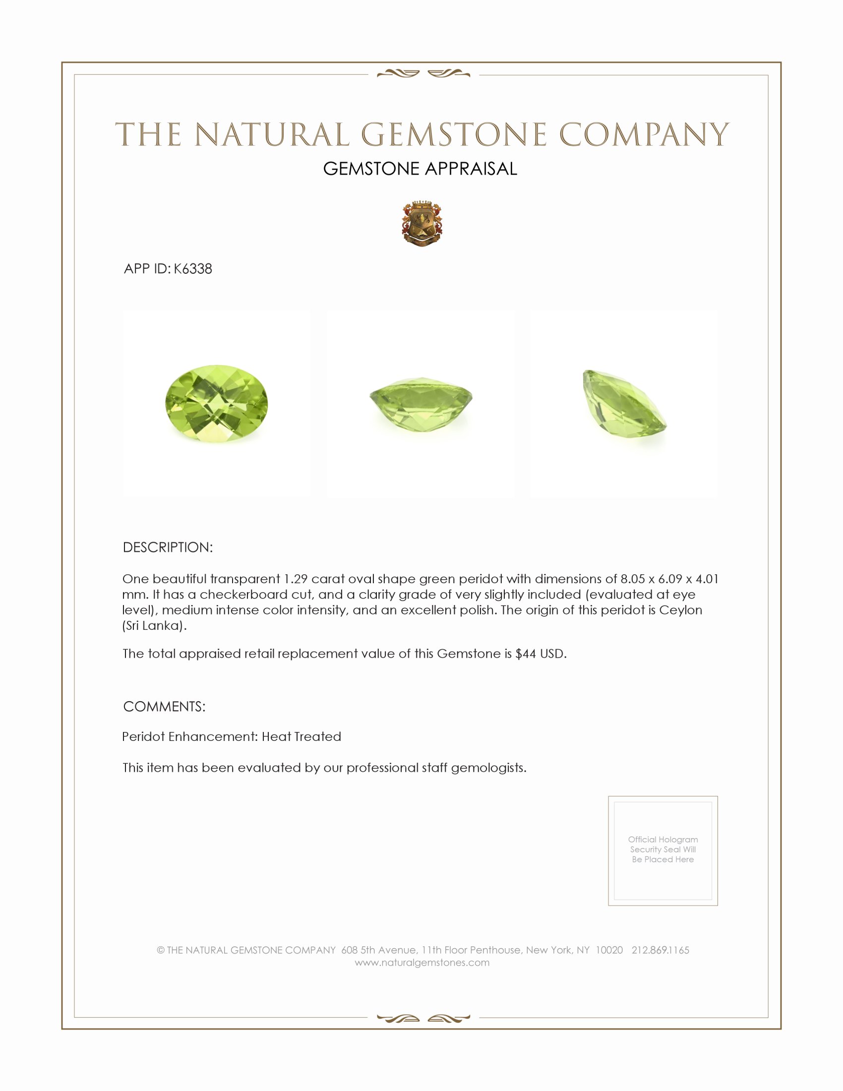 1.29 Ct. Green (Lime Green) Peridot from Ceylon (Sri Lanka)