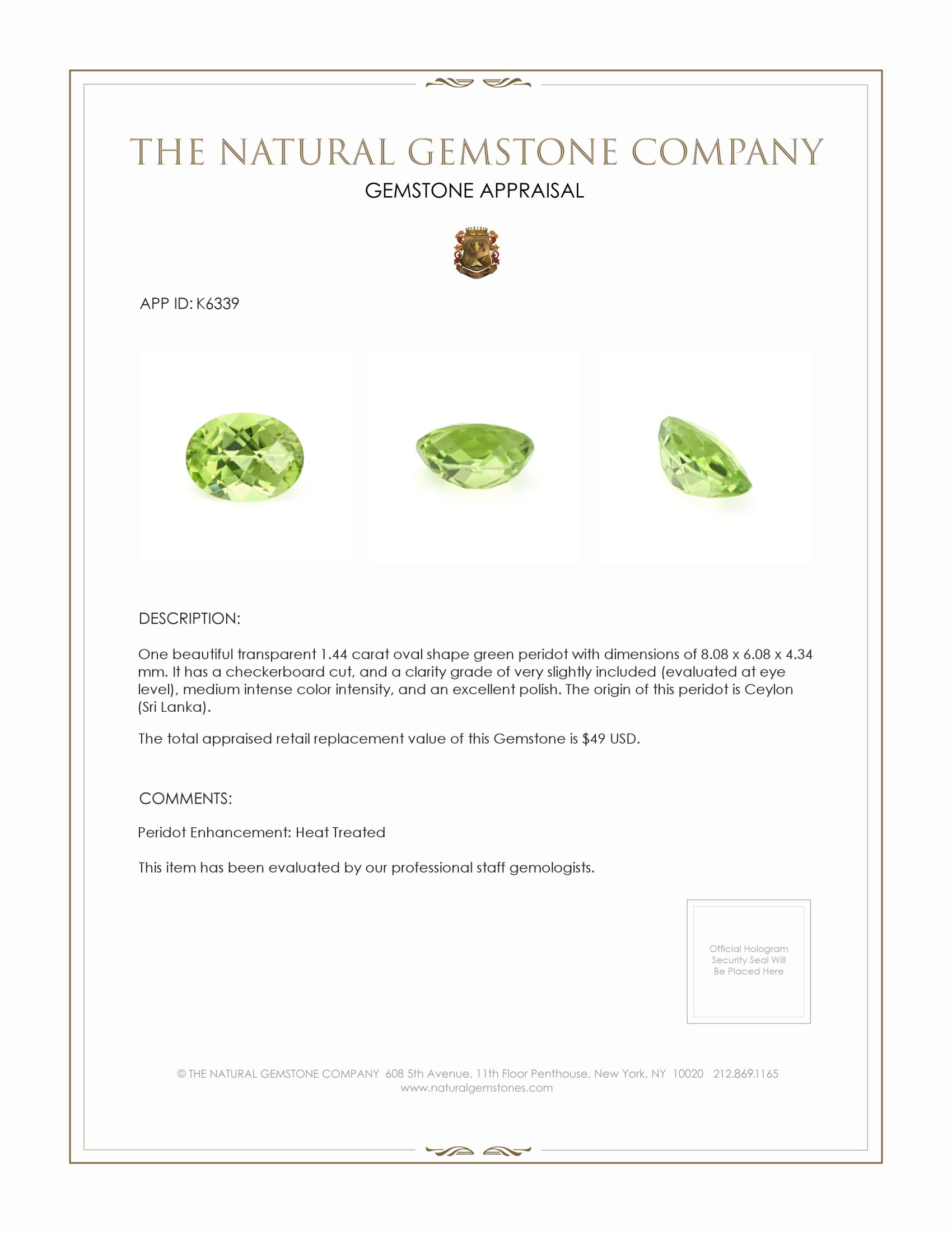 1.44 Ct. Green (Lime Green) Peridot from Ceylon (Sri Lanka)
