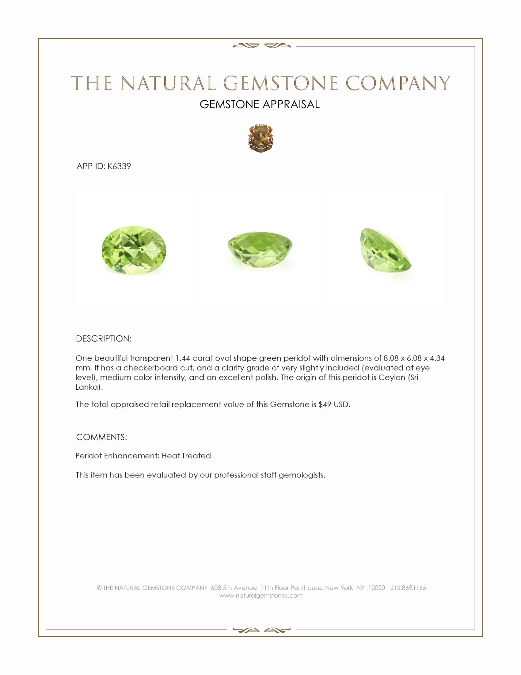 1.44 Ct. Peridot from Ceylon (Sri Lanka)