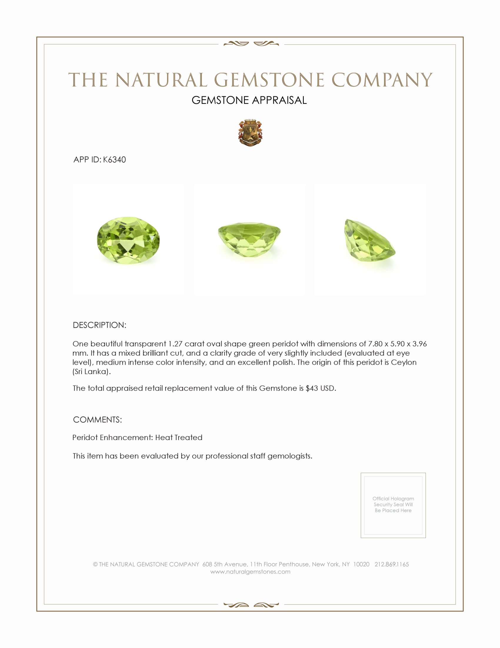 1.27 Ct. Green (Lime Green) Peridot from Ceylon (Sri Lanka)