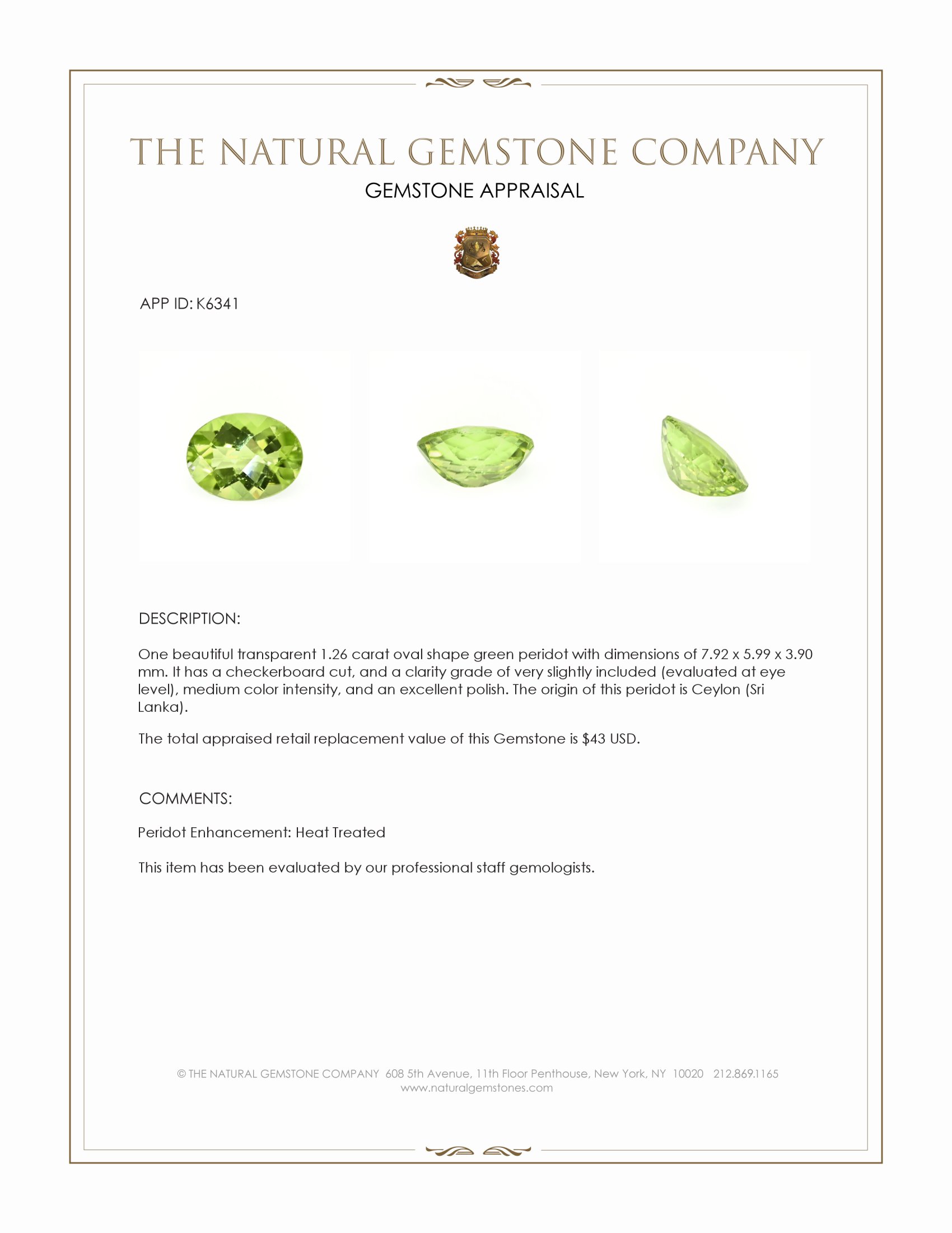 1.26 Ct. Green (Lime Green) Peridot from Ceylon (Sri Lanka)