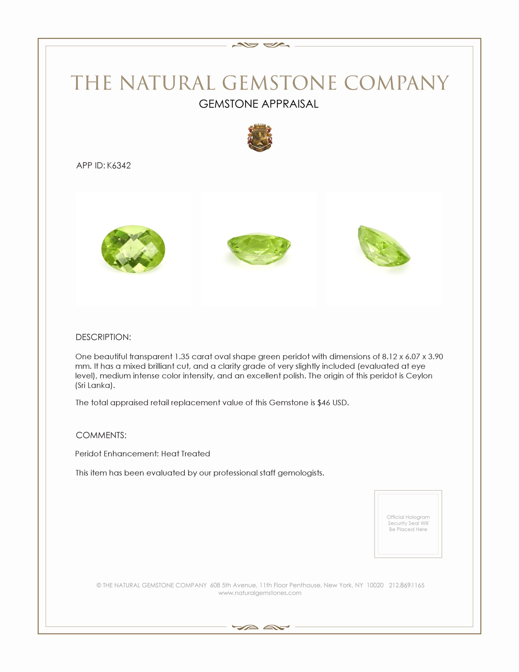 1.35 Ct. Green (Lime Green) Peridot from Ceylon (Sri Lanka)