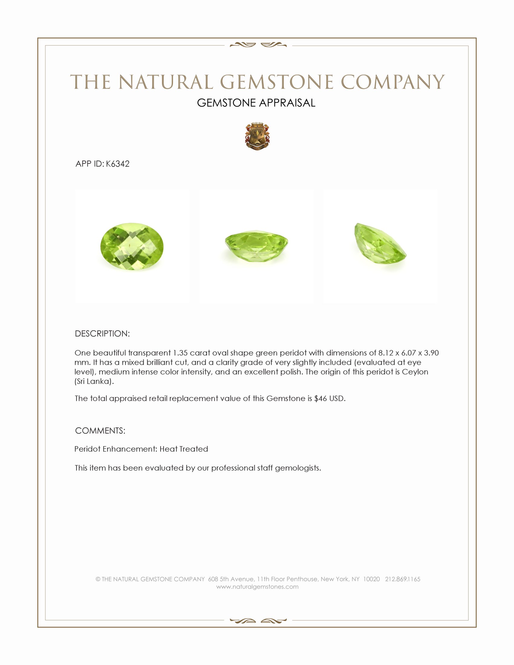 1.35 Ct. Peridot from Ceylon (Sri Lanka)