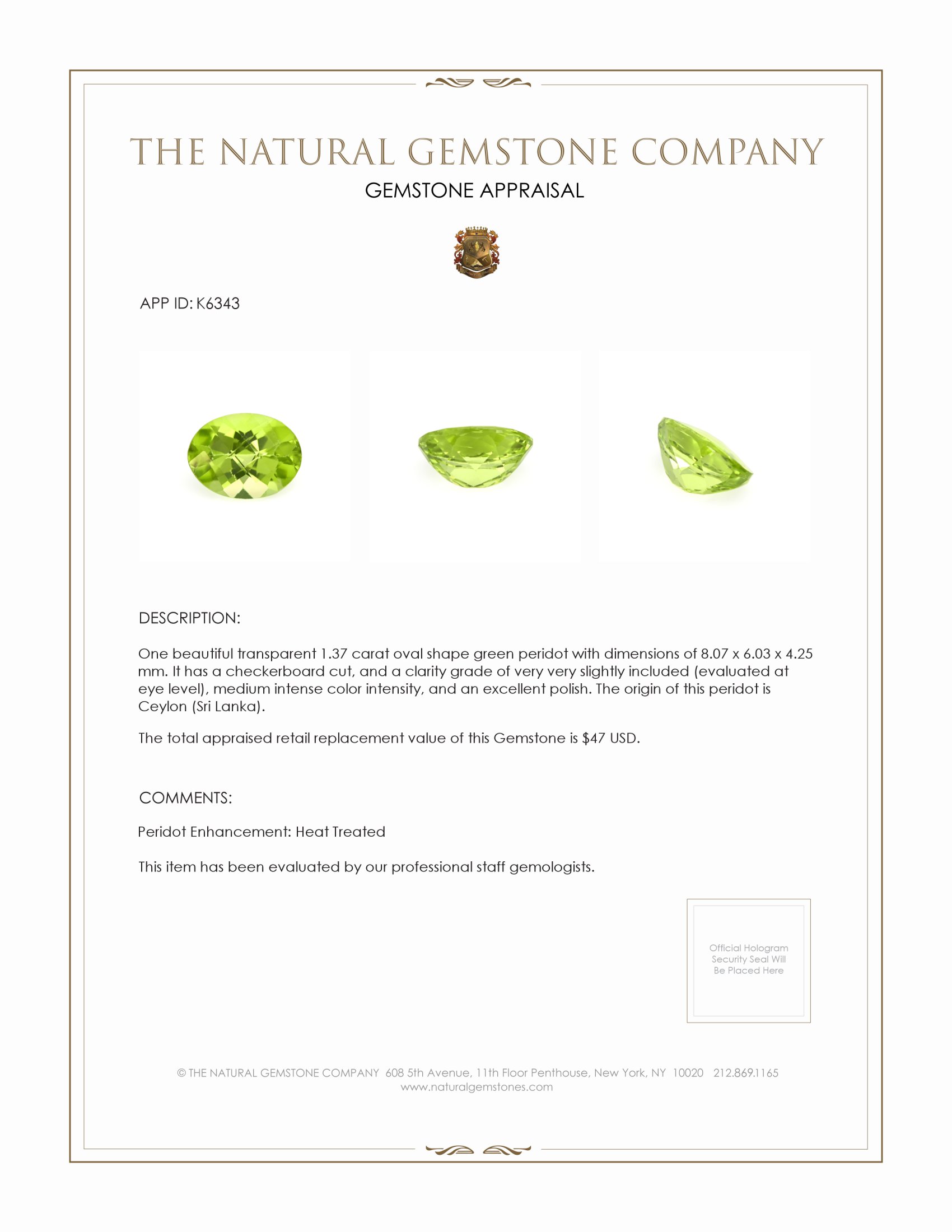 1.37 Ct. Green (Lime Green) Peridot from Ceylon (Sri Lanka)