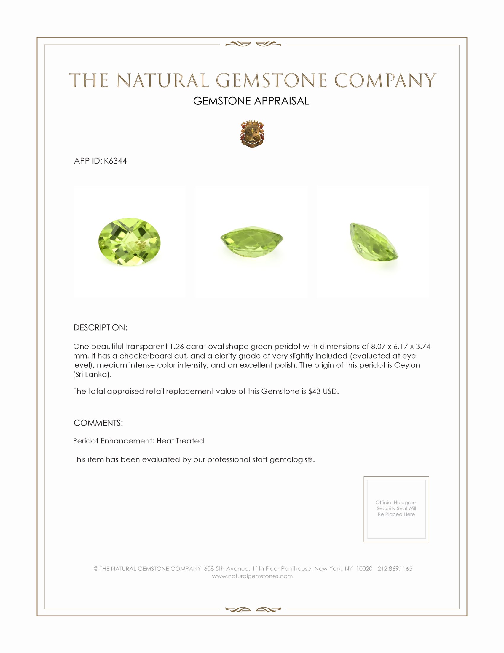 1.26 Ct. Green (Lime Green) Peridot from Ceylon (Sri Lanka)