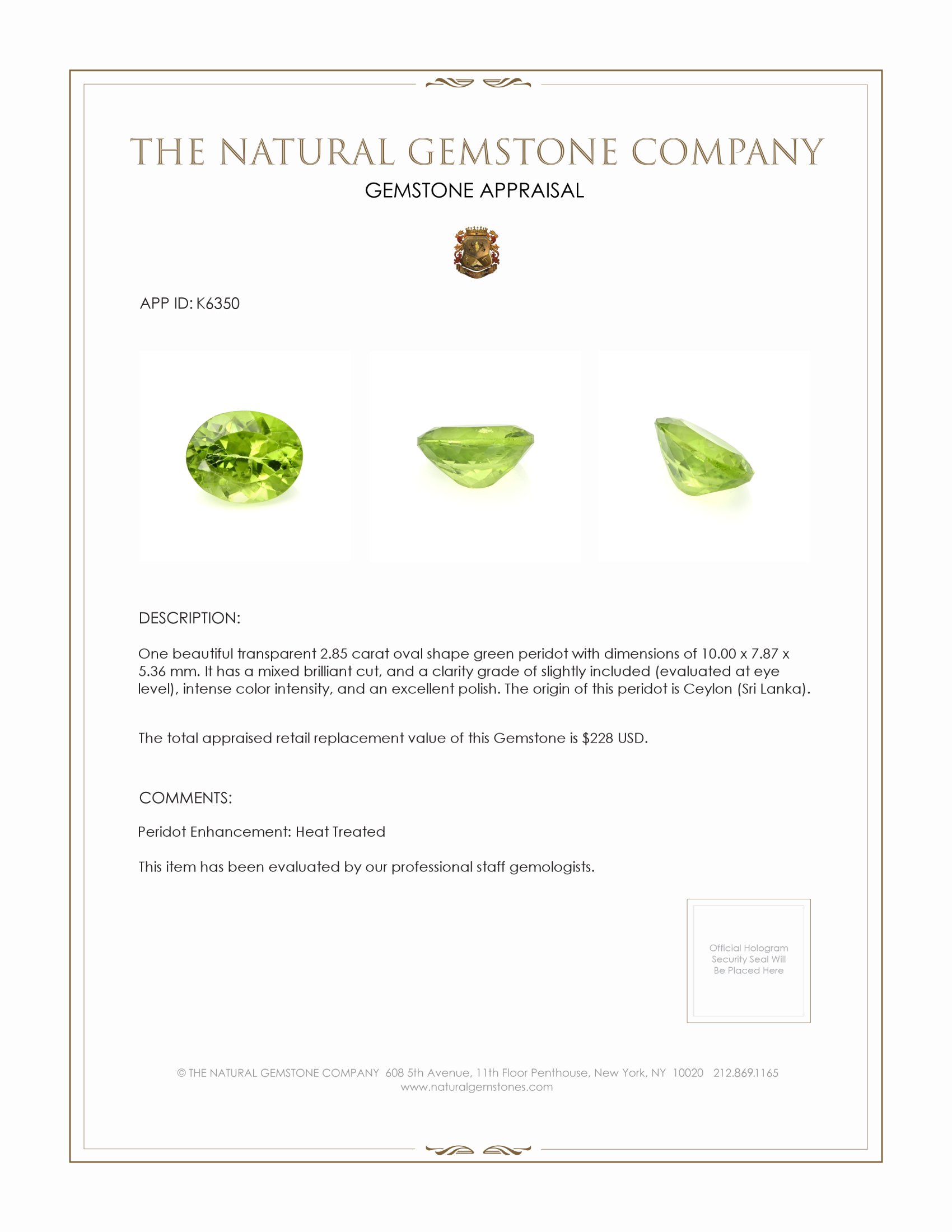 2.85 Ct. Green (Lime Green) Peridot from Ceylon (Sri Lanka)