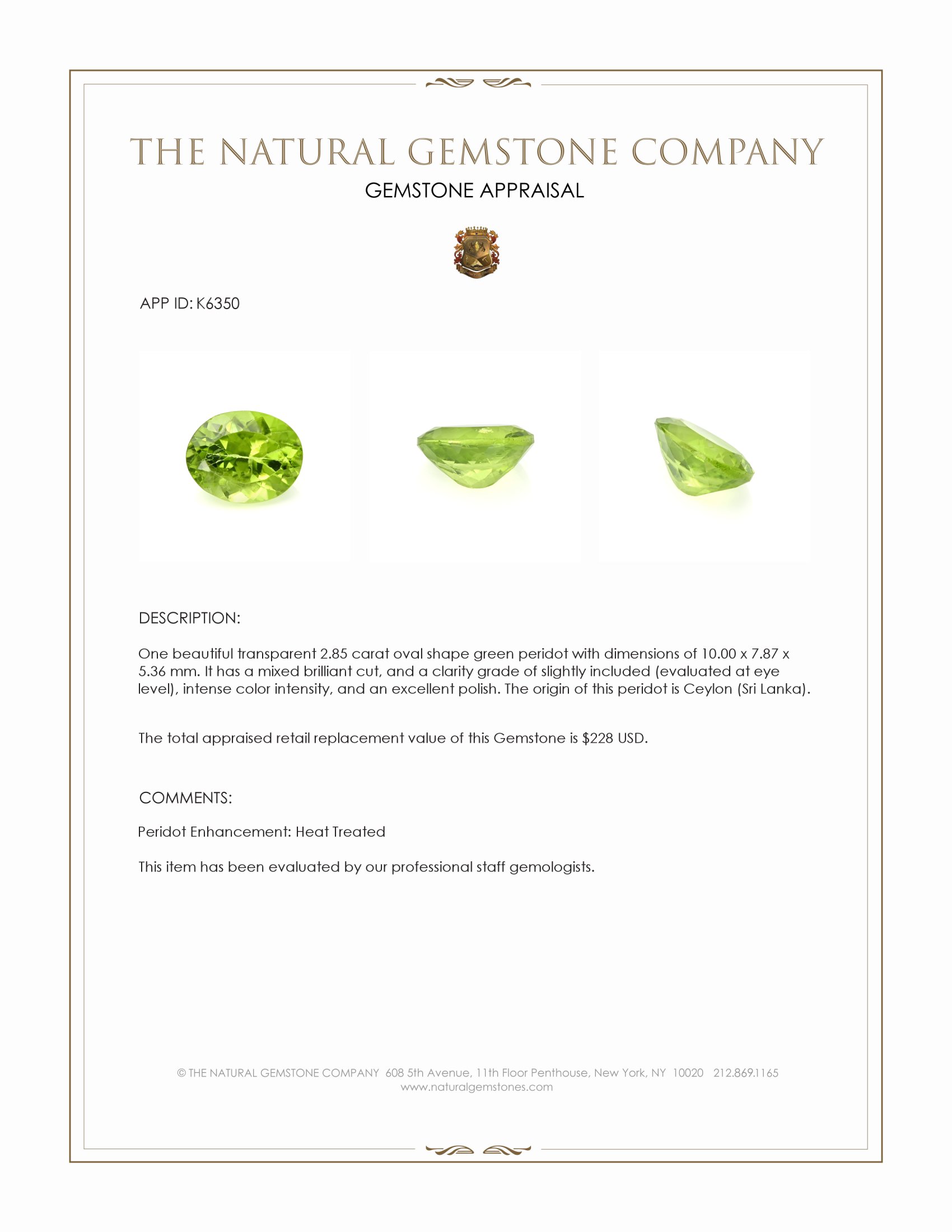 2.85 Ct. Peridot from Ceylon (Sri Lanka)