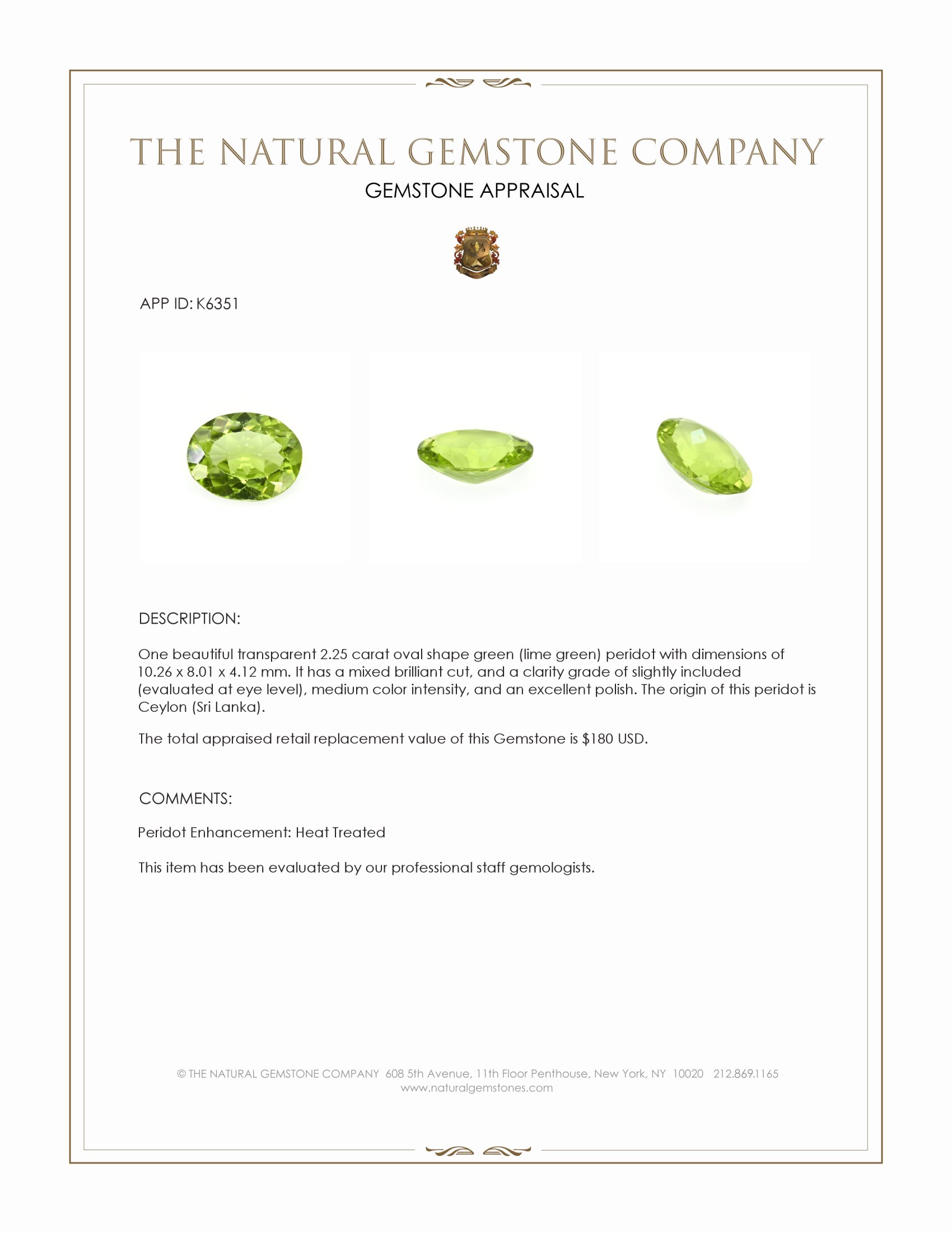 2.25 Ct. Green (Lime Green) Peridot from Ceylon (Sri Lanka)
