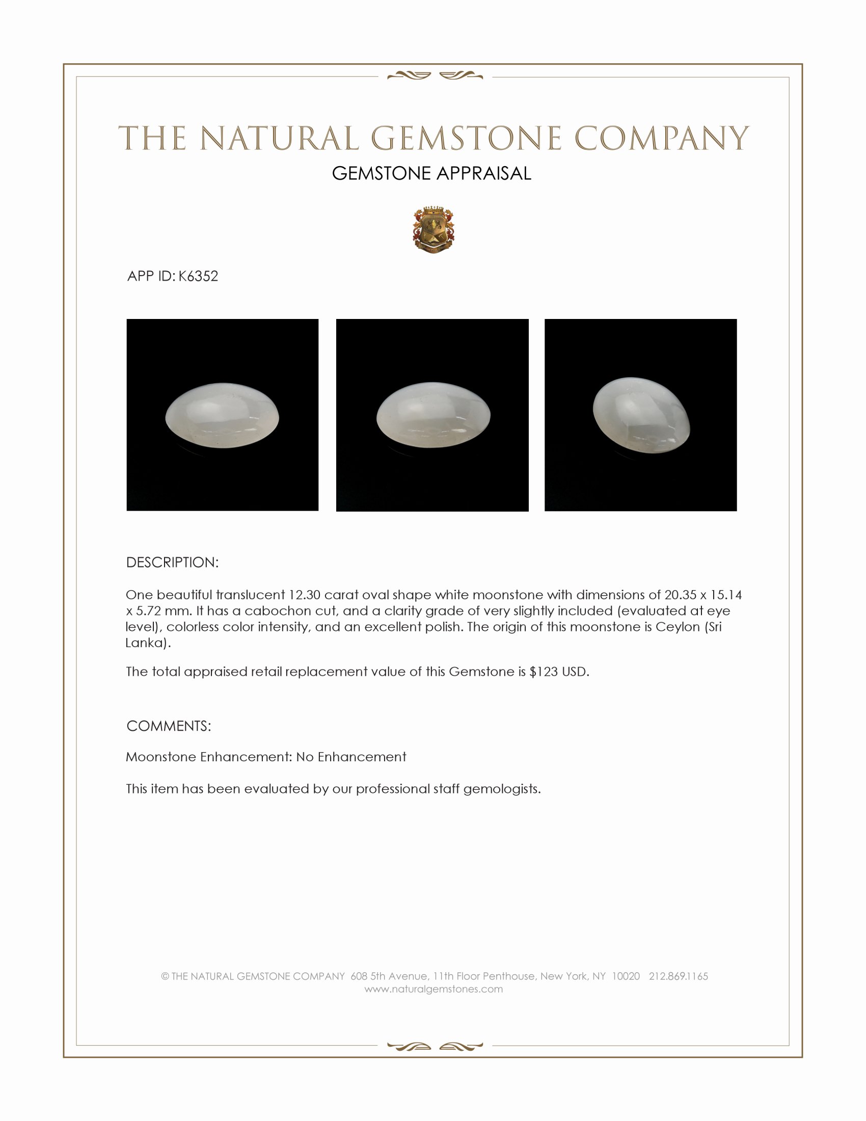 12.30 Ct. White Cabochon Moonstone from Ceylon (Sri Lanka)