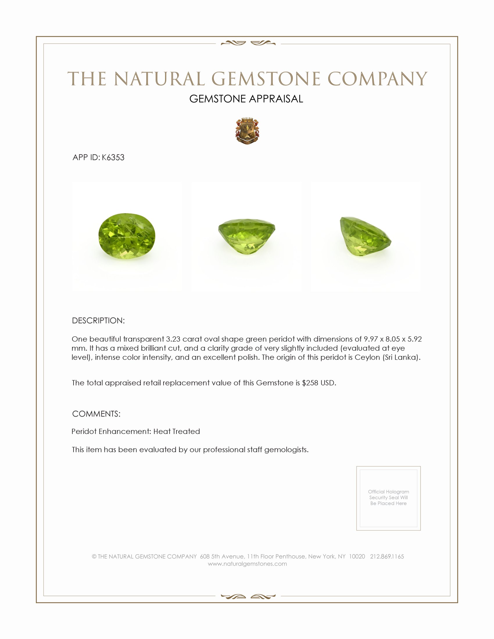 3.23 Ct. Green (Lime Green) Peridot from Ceylon (Sri Lanka)
