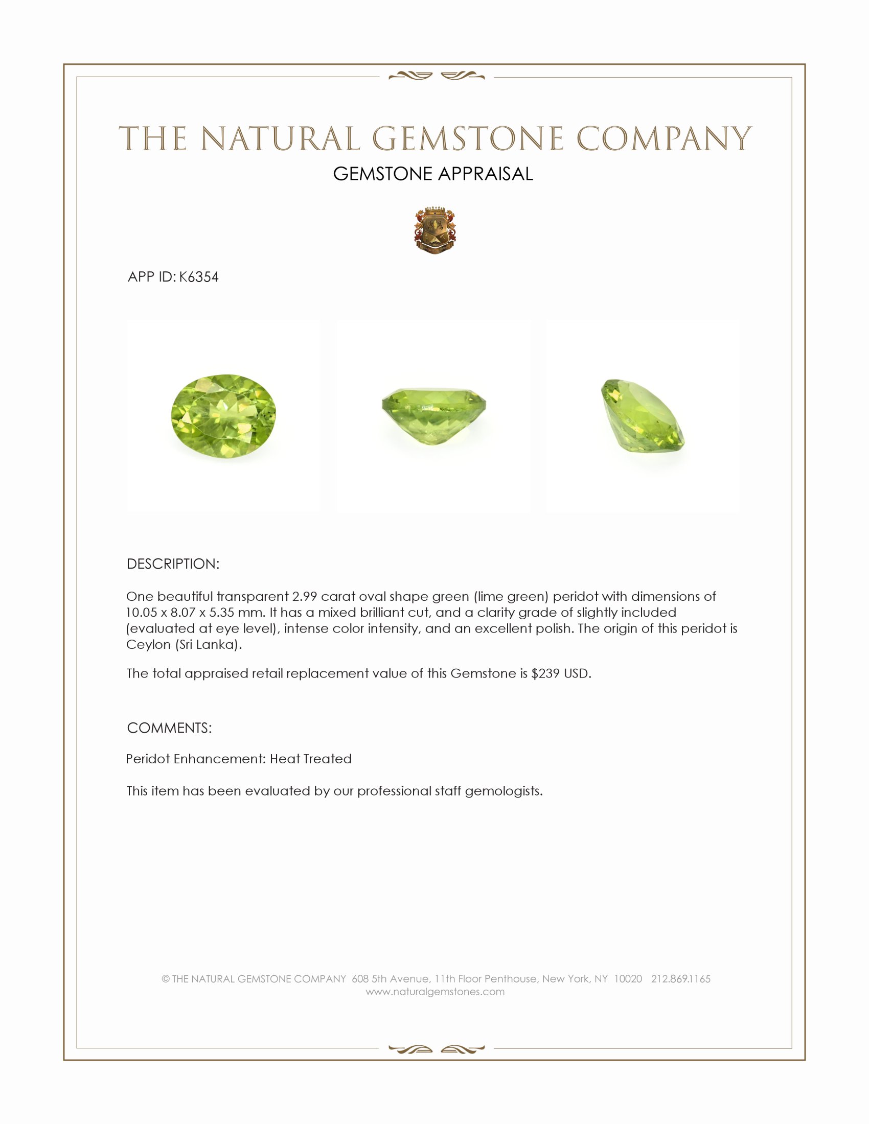 2.99 Ct. Green (Lime Green) Peridot from Ceylon (Sri Lanka)