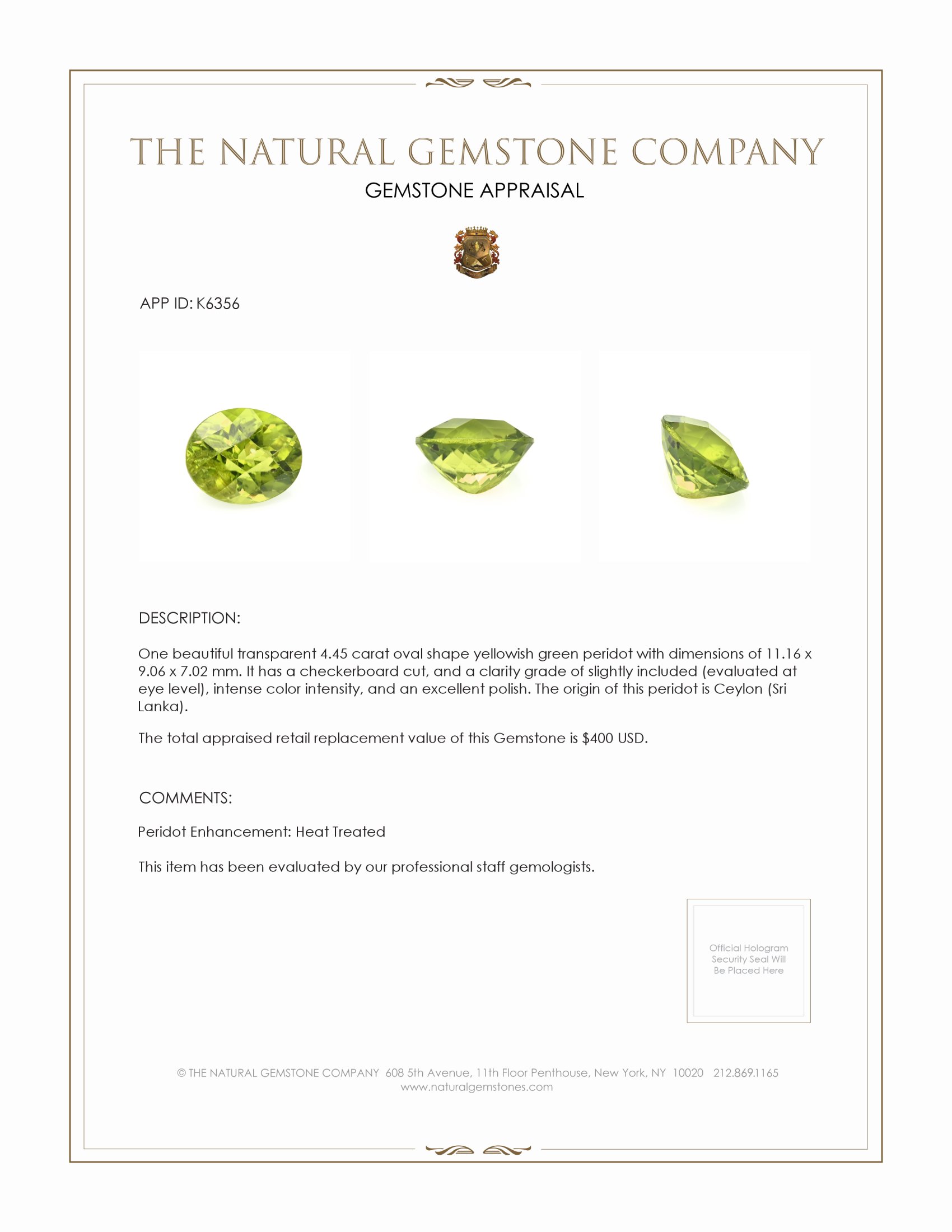 4.45 Ct. Peridot from Ceylon (Sri Lanka)