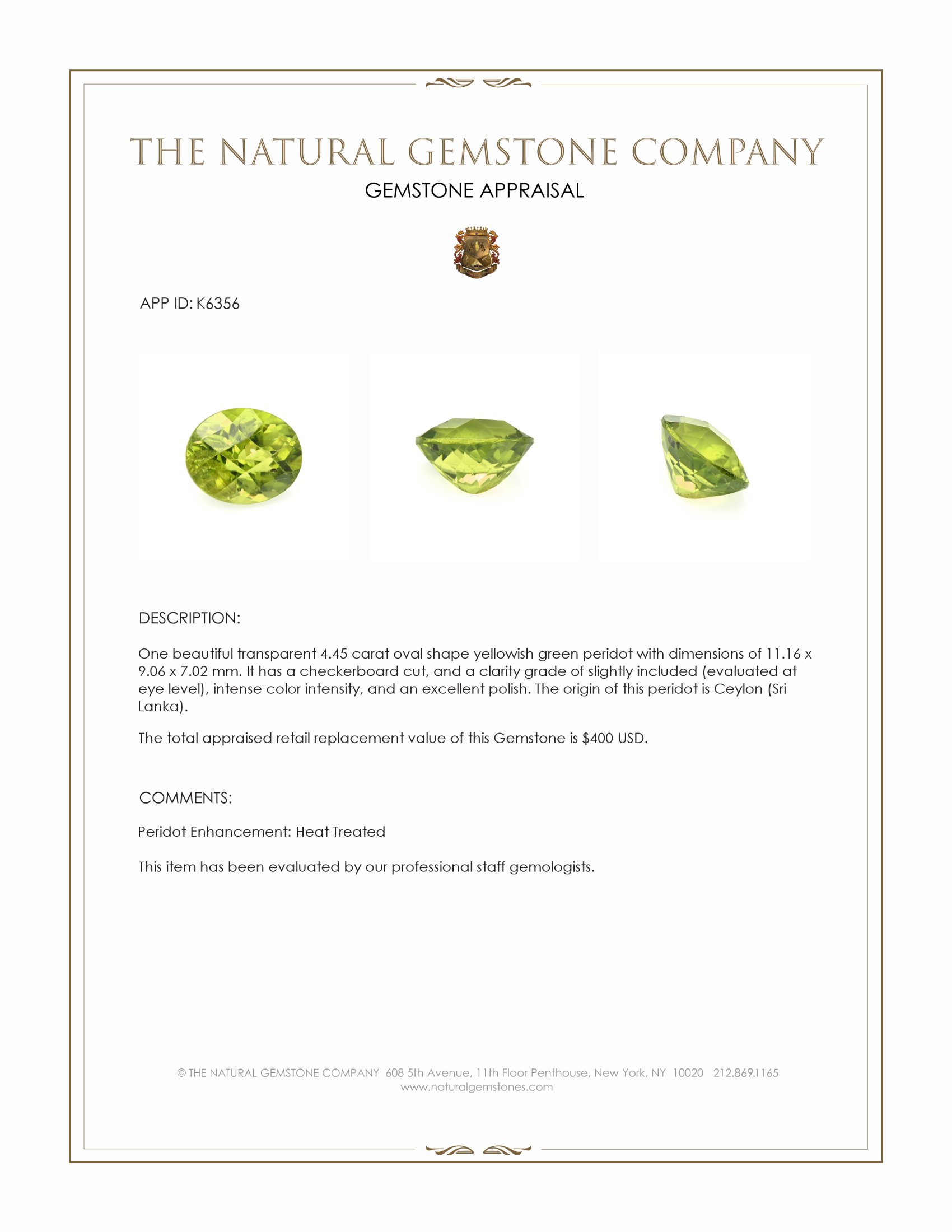 4.45 Ct. Peridot from Ceylon (Sri Lanka)