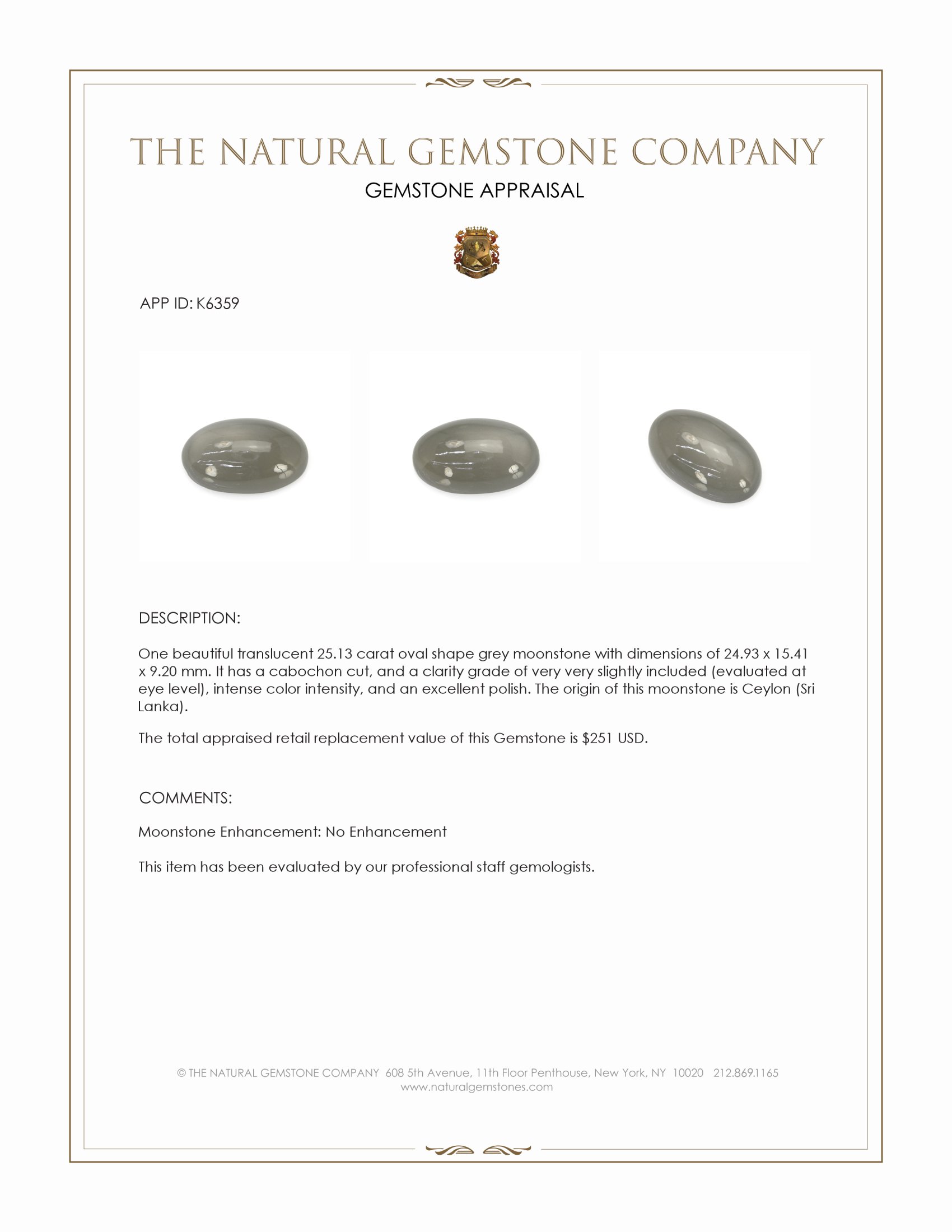 25.13 Ct. Grey Cabochon Moonstone from Ceylon (Sri Lanka)