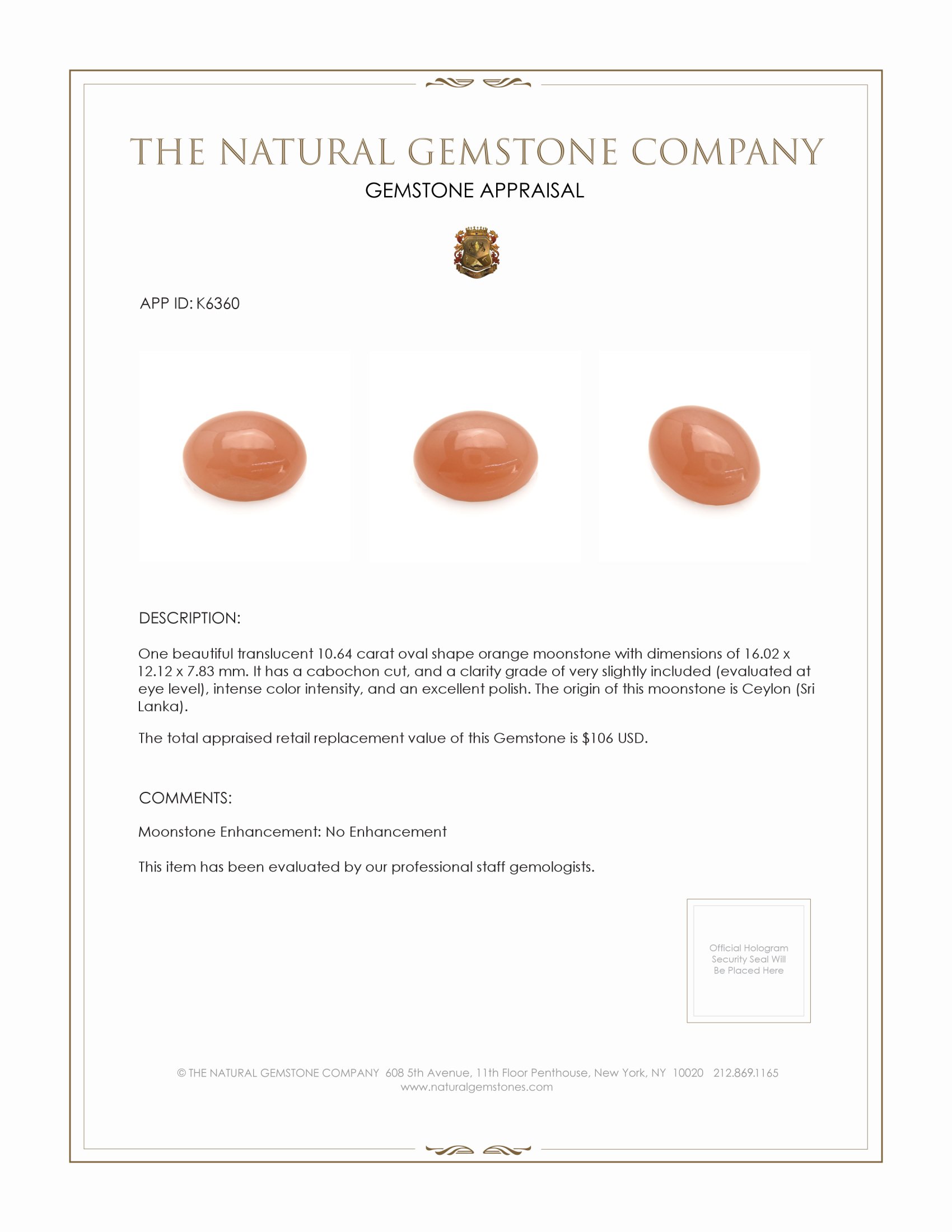 10.64 Ct. Orange Cabochon Moonstone from Ceylon (Sri Lanka)