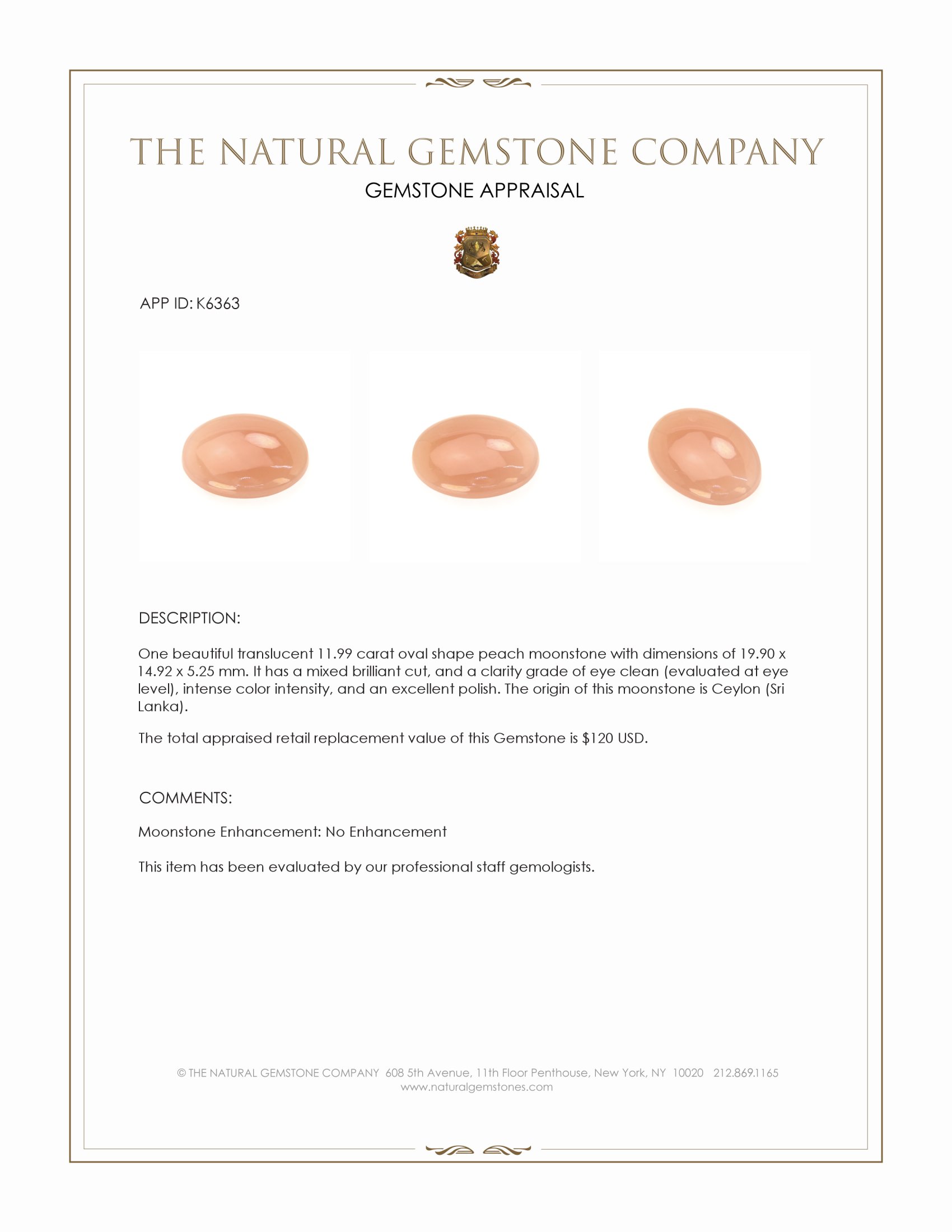 11.99 Ct. Peach Moonstone from Ceylon (Sri Lanka)