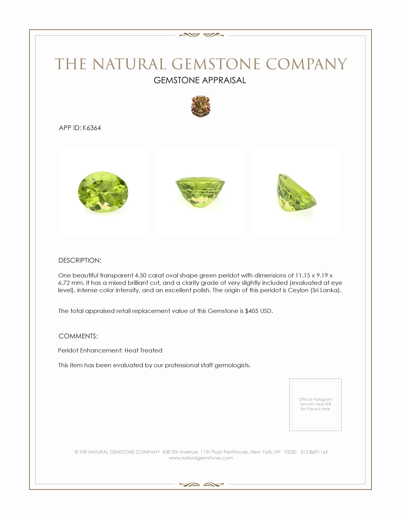 4.50 Ct. Green (Lime Green) Peridot from Ceylon (Sri Lanka)