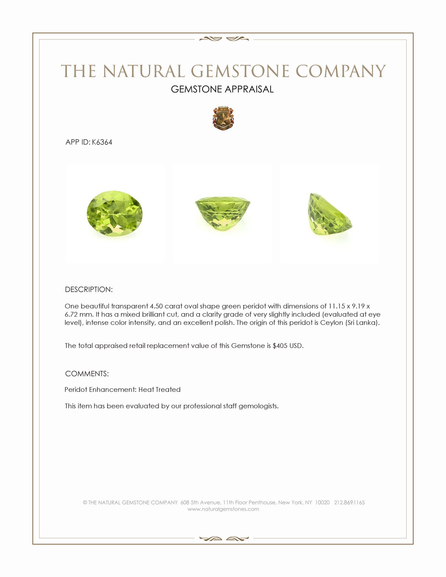 4.50 Ct. Peridot from Ceylon (Sri Lanka)