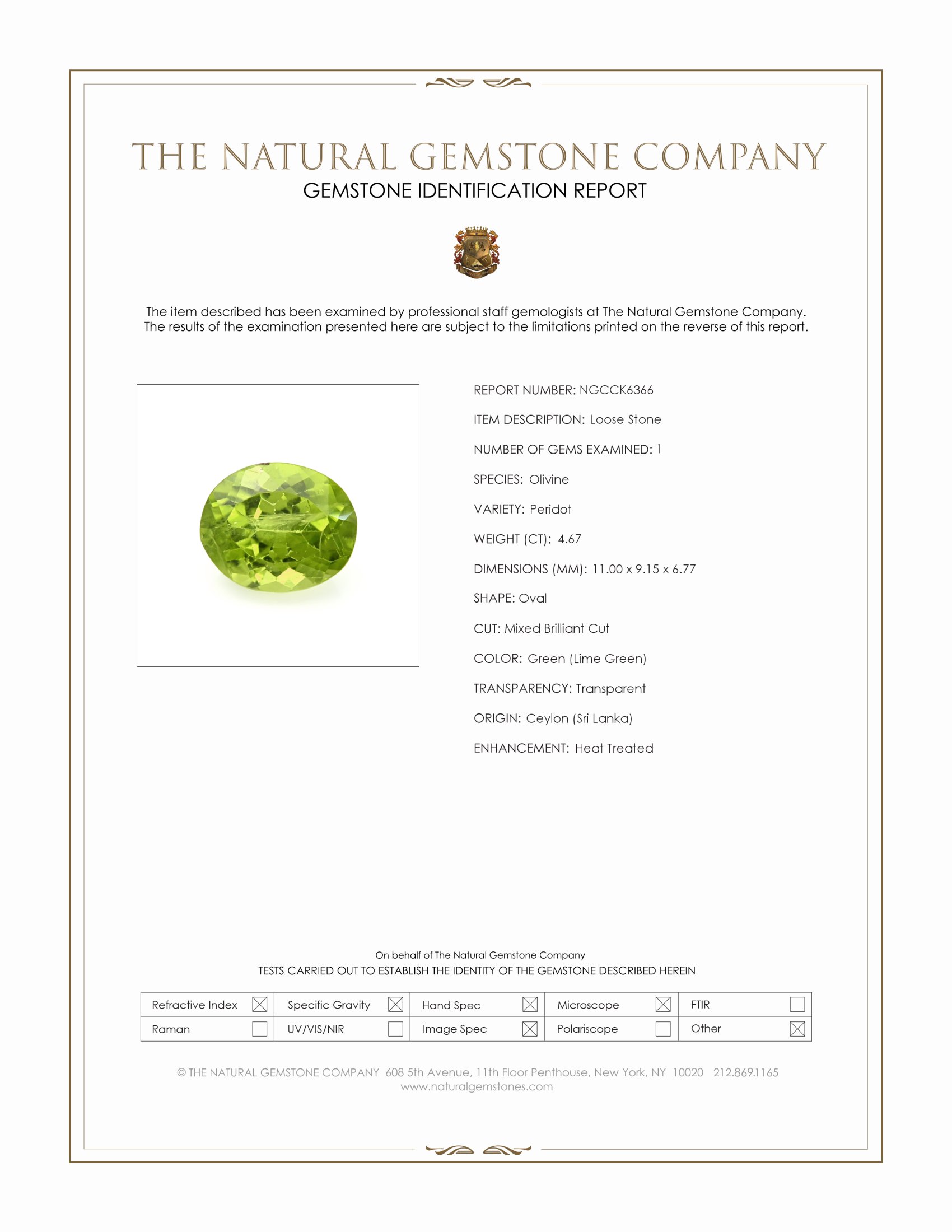 4.67 Ct. Green (Lime Green) Peridot from Ceylon (Sri Lanka)